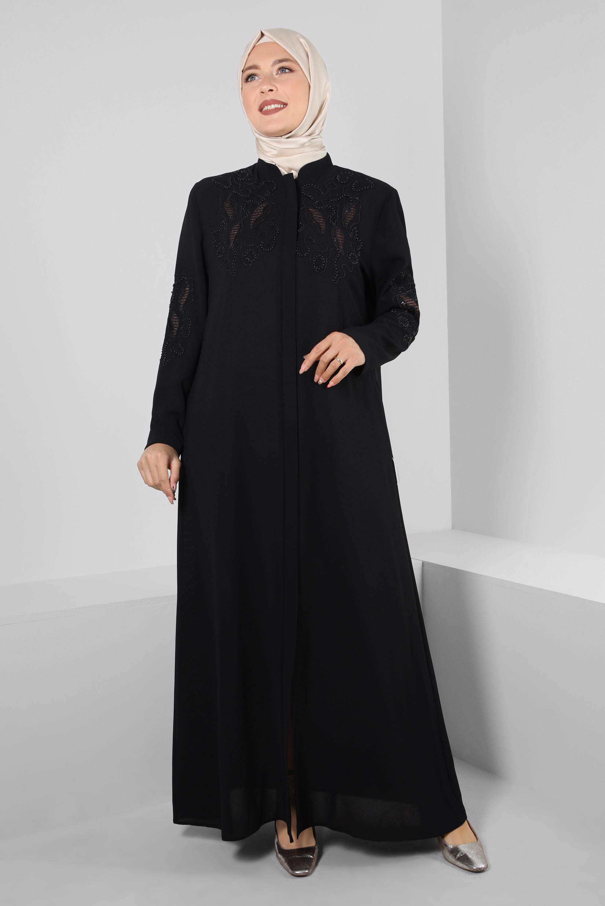 Vêtements hijab NOIR FINITION BRODÉE DE PERLES DE SEQUINS 10740