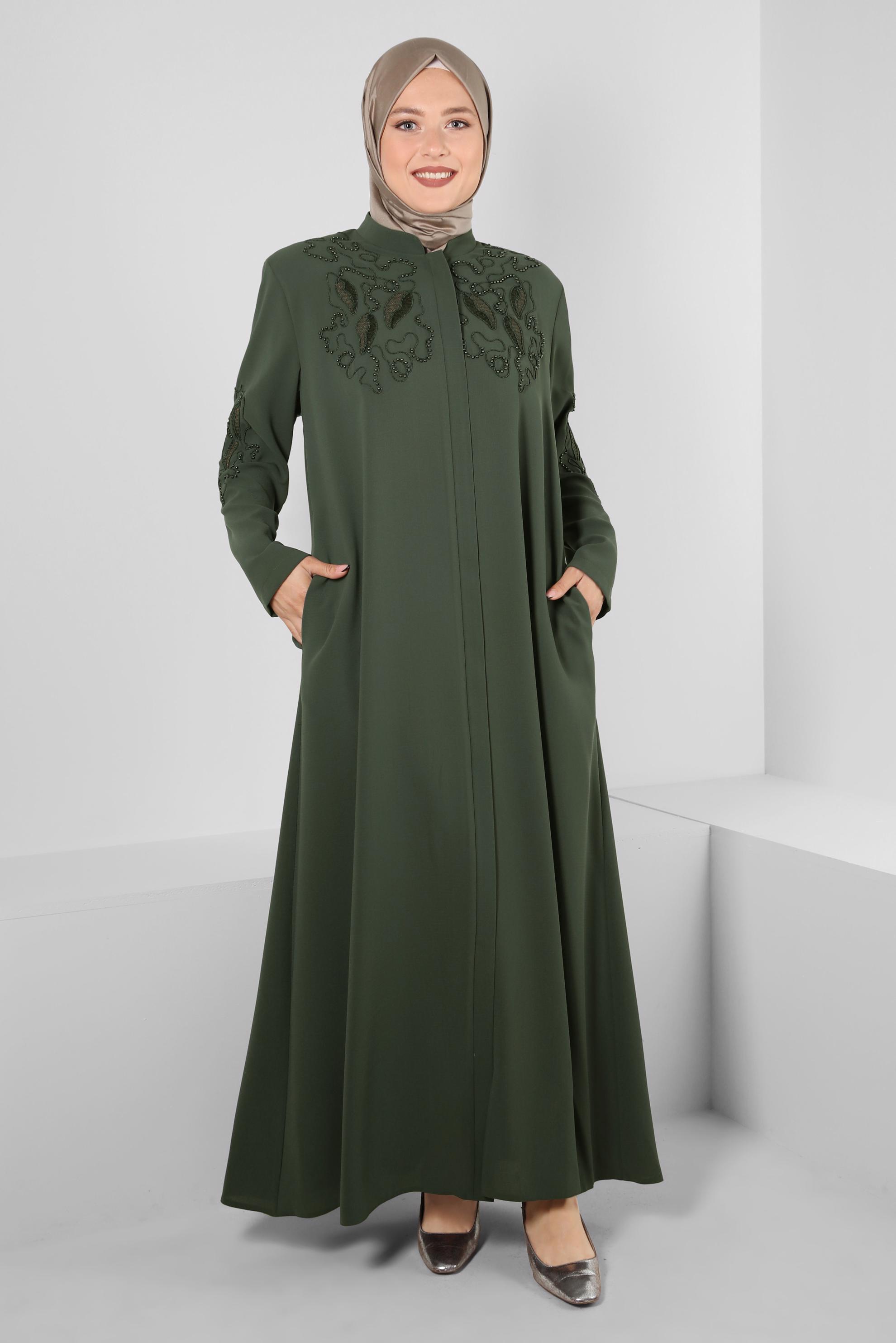 Vêtements hijab KAKI FINITION BRODÉE DE PERLES DE SEQUINS 10740