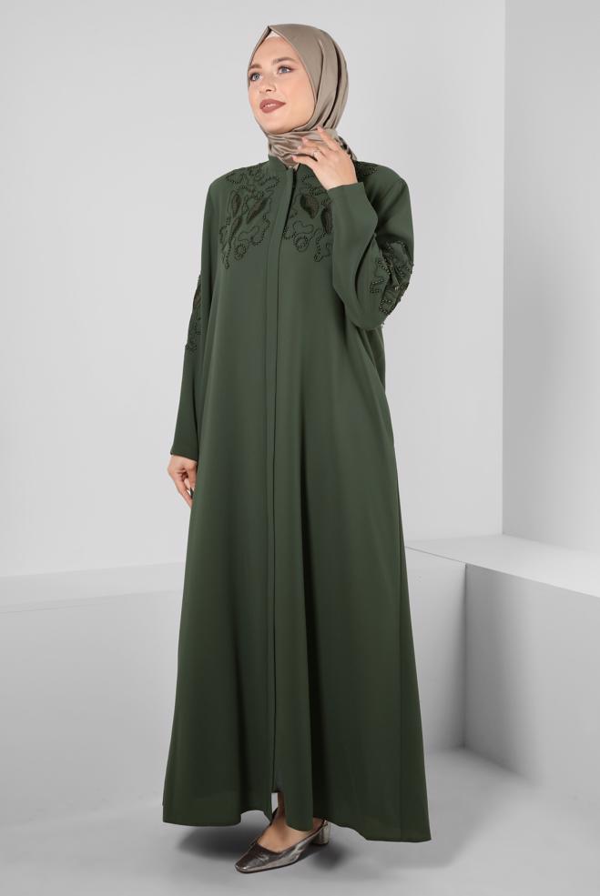 Tesettür giyim HAKİ PUL PAYETLİ BONCUK İŞLEMELİ PARDESÜ 10740 - ALVİNA