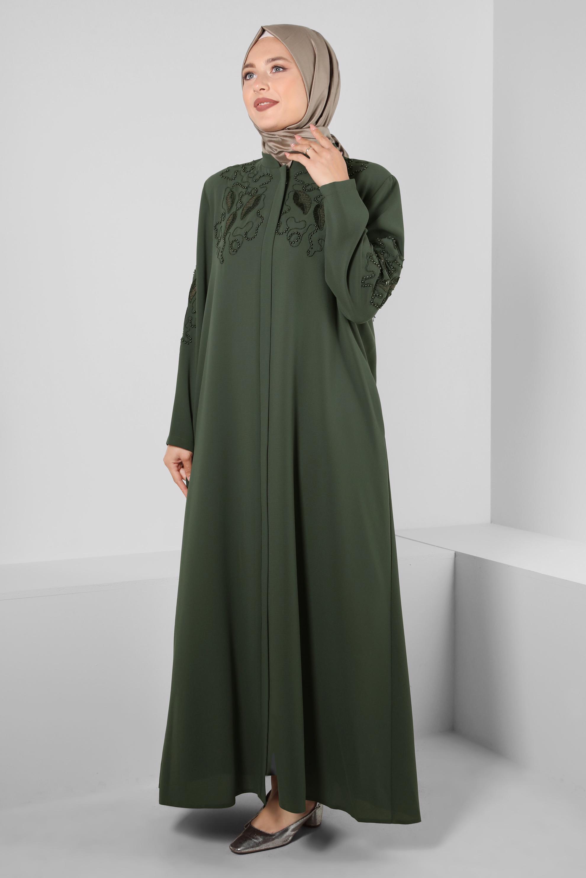 Vêtements hijab KAKI FINITION BRODÉE DE PERLES DE SEQUINS 10740