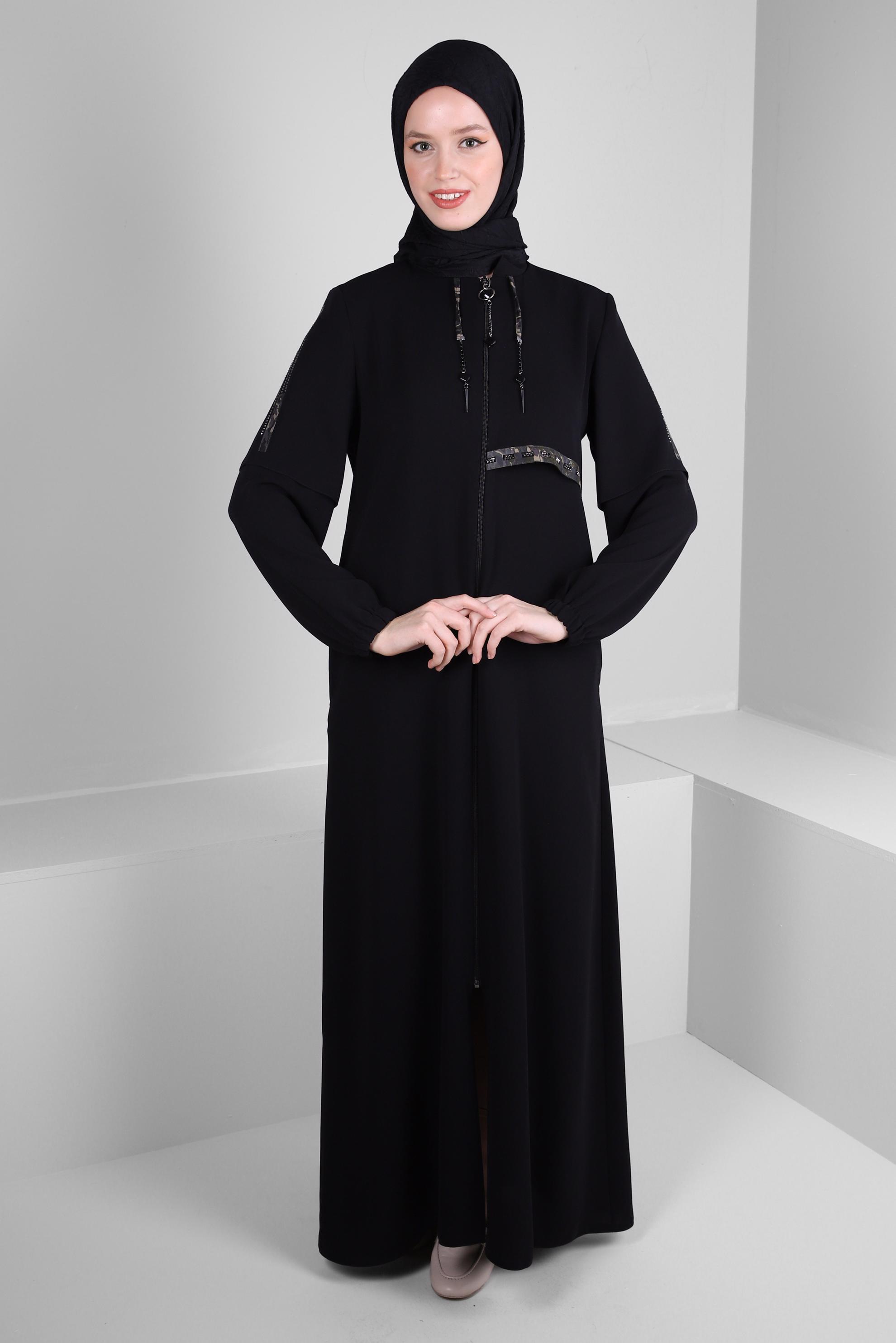 Tesettür giyim SİYAH FERMUARLI BAĞCIK DETAYLI PARDESÜ 10741