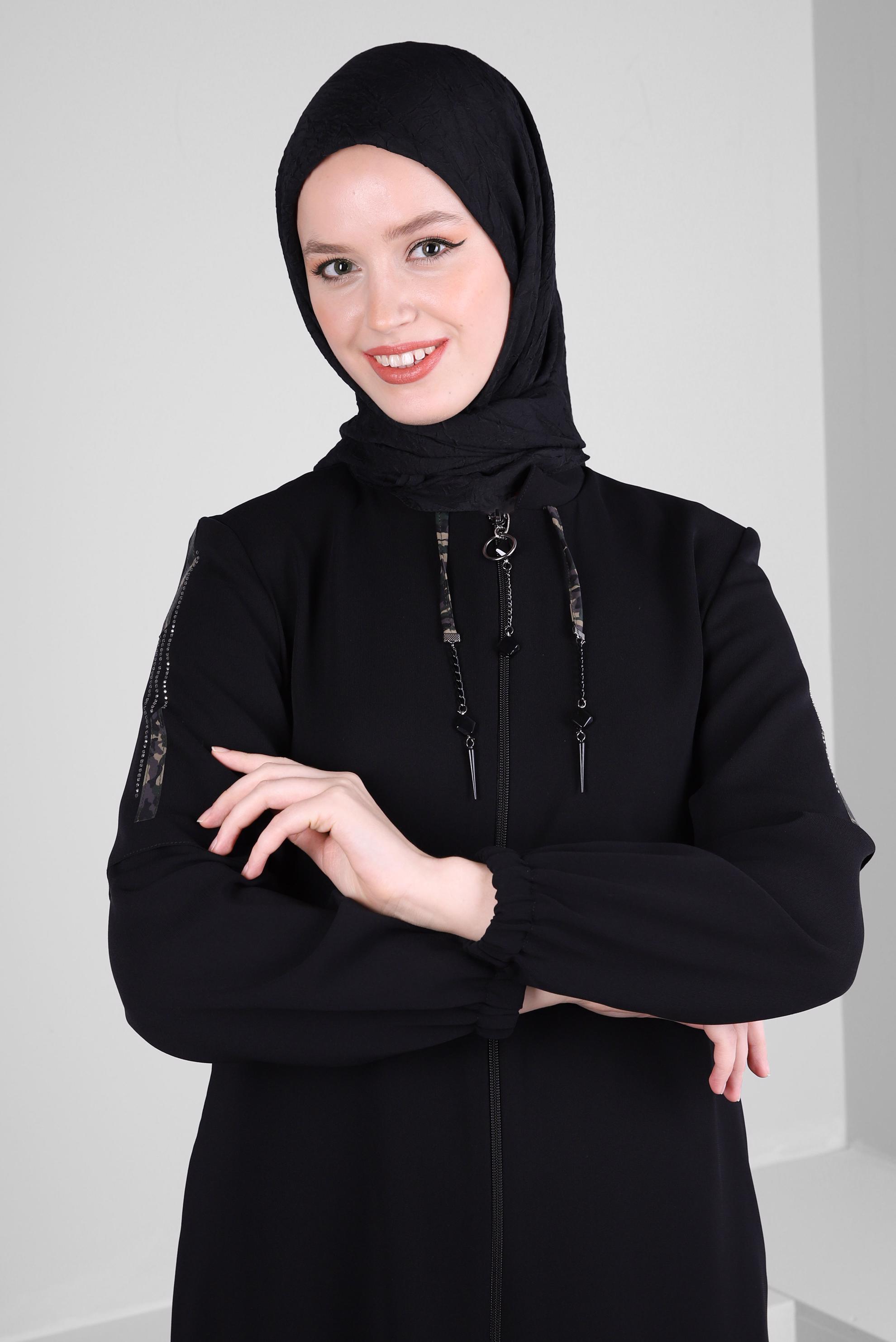 Tesettür giyim SİYAH FERMUARLI BAĞCIK DETAYLI PARDESÜ 10741