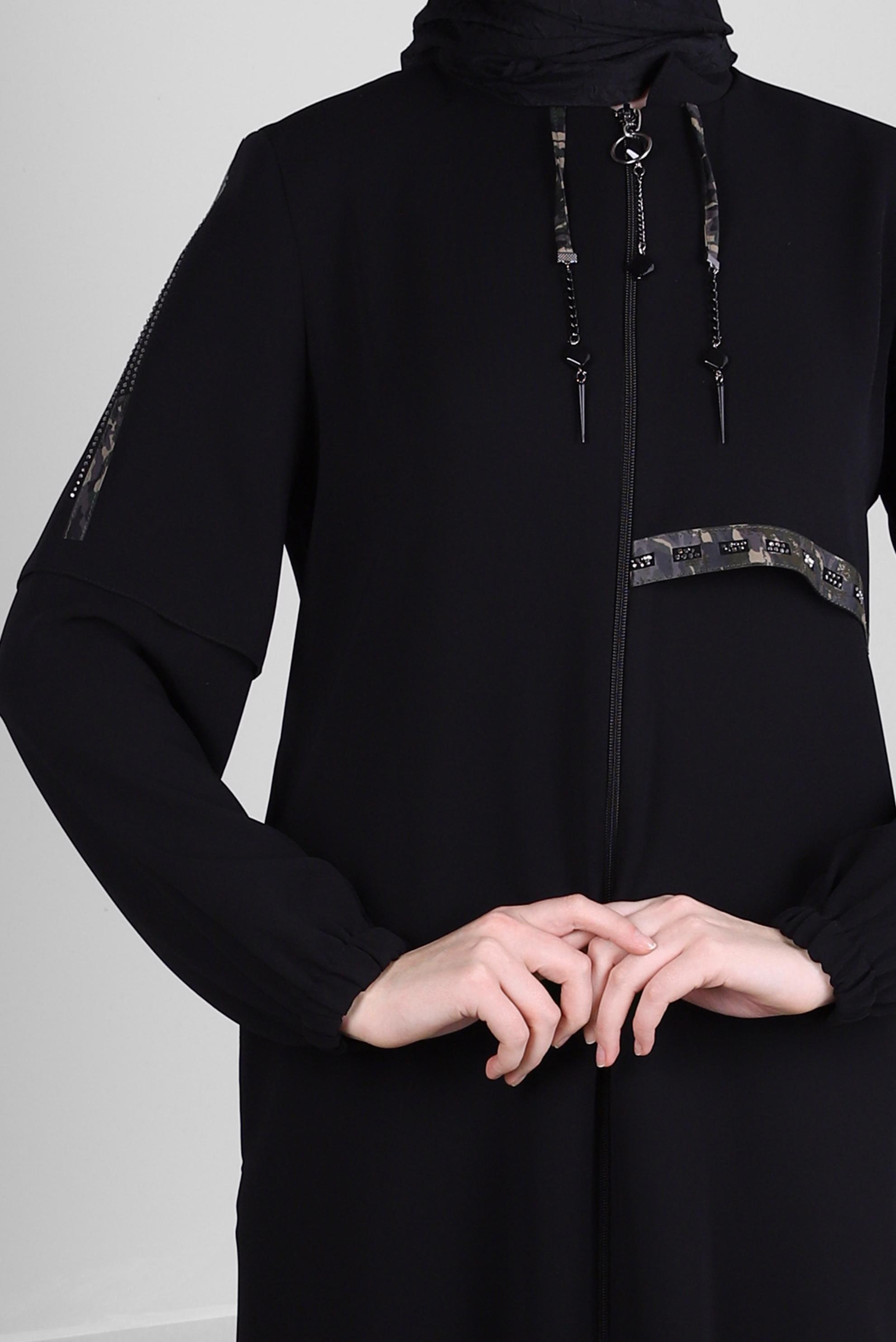 Tesettür giyim SİYAH FERMUARLI BAĞCIK DETAYLI PARDESÜ 10741