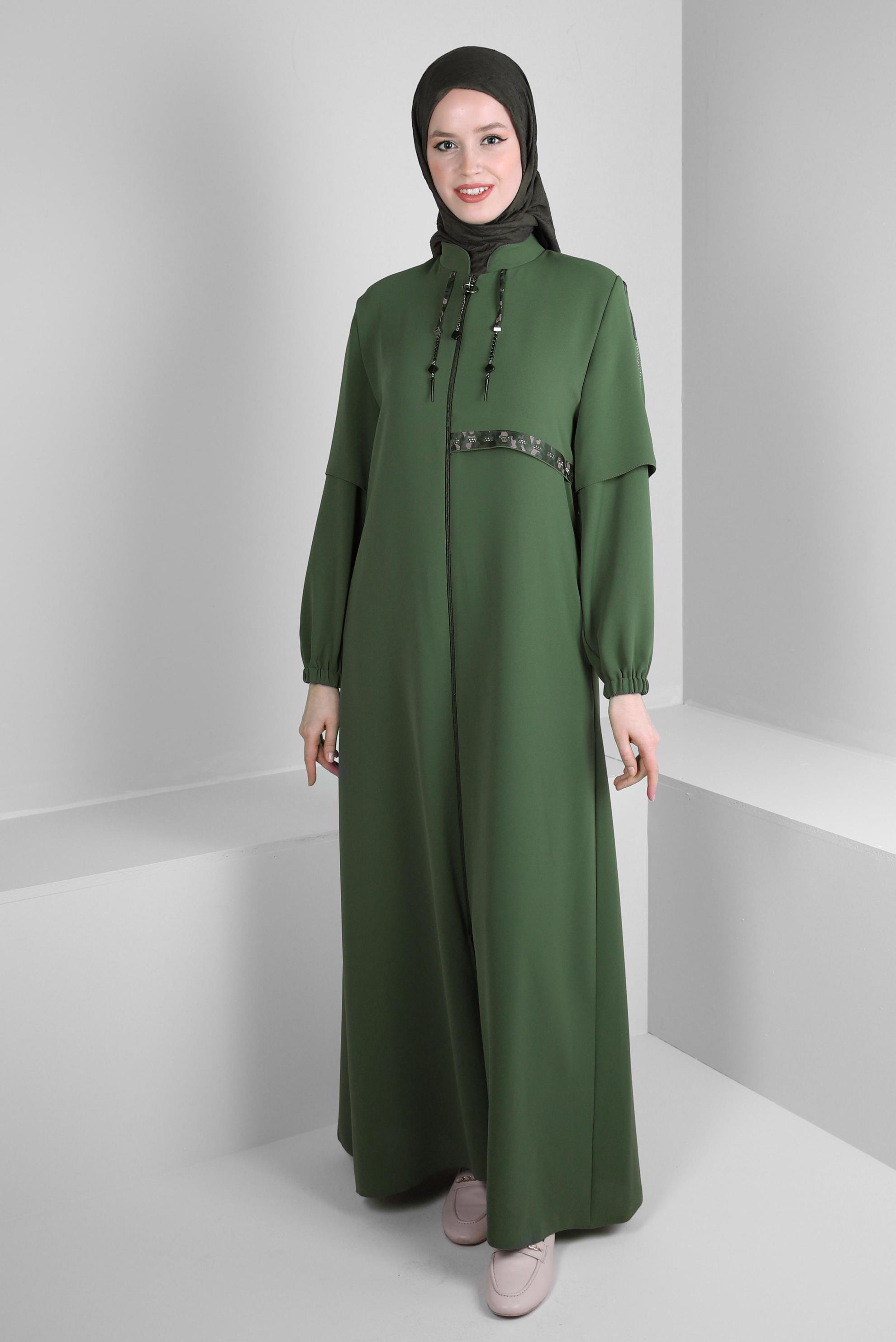 Tesettür giyim HAKİ FERMUARLI BAĞCIK DETAYLI PARDESÜ 10741