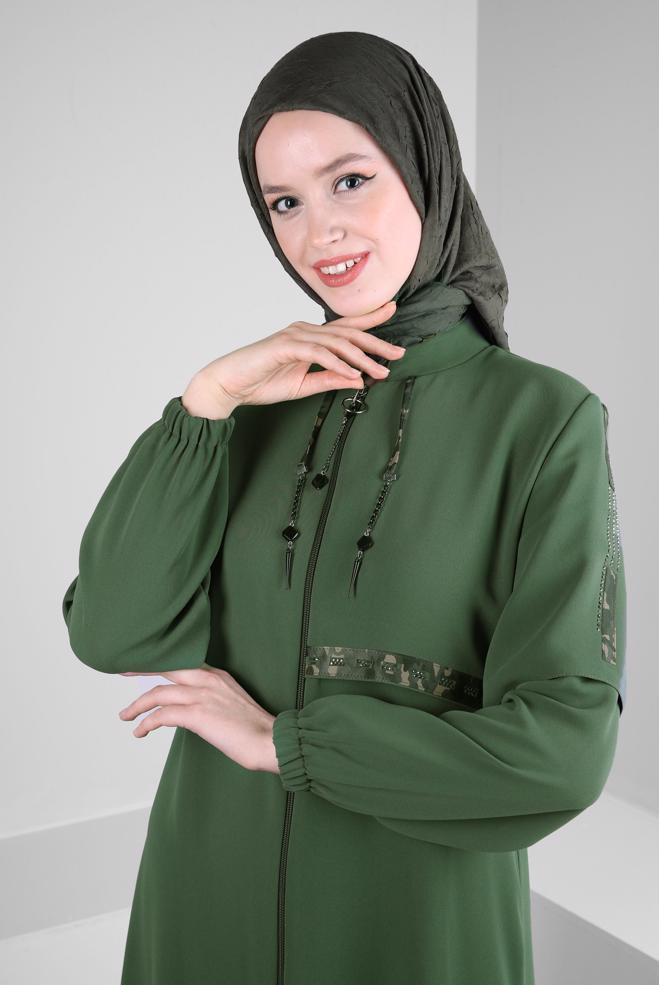 Vêtements hijab KAKI SURMANTEAU ZIPPÉ À NOUER 10741 - ALVİNA