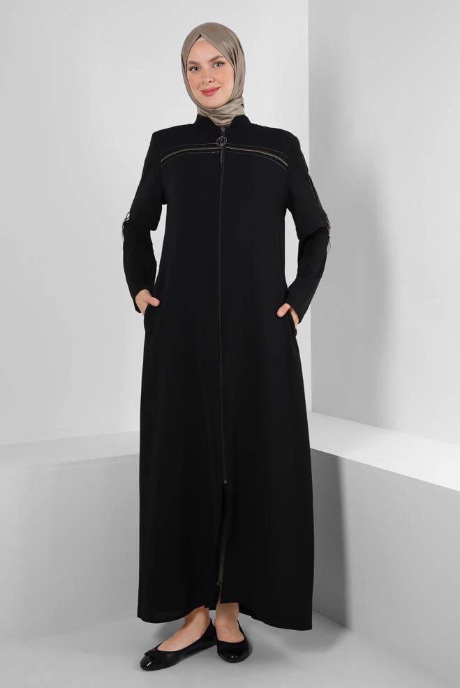 Tesettür giyim SİYAH FERMUAR DETAYLI HAKİM YAKA PARDESÜ 10742 - ALVİNA