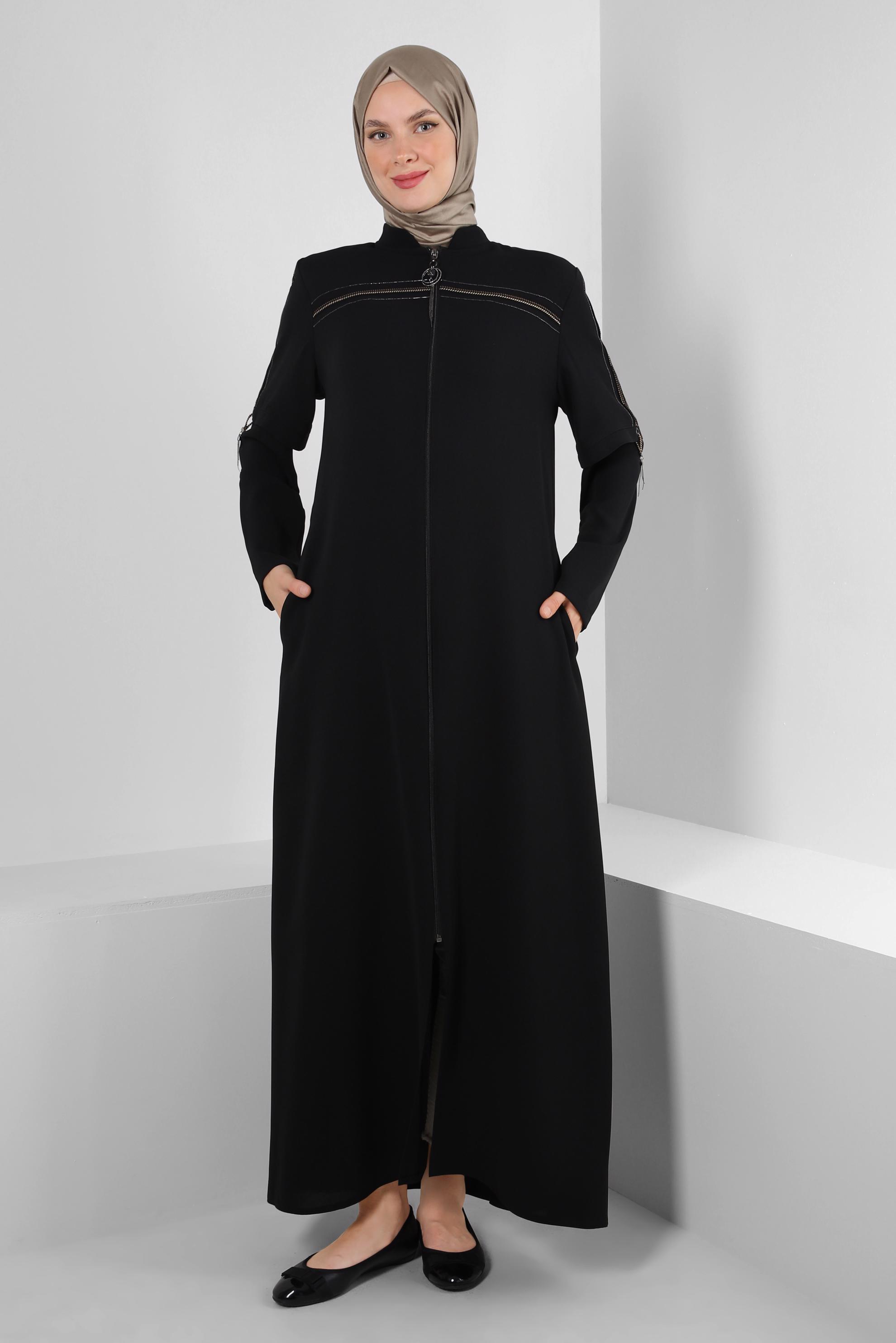 Vêtements hijab NOIR SURMANTEAU COL MANDARINE AVEC DÉTAIL FERMETURE ÉCLAIR 10742