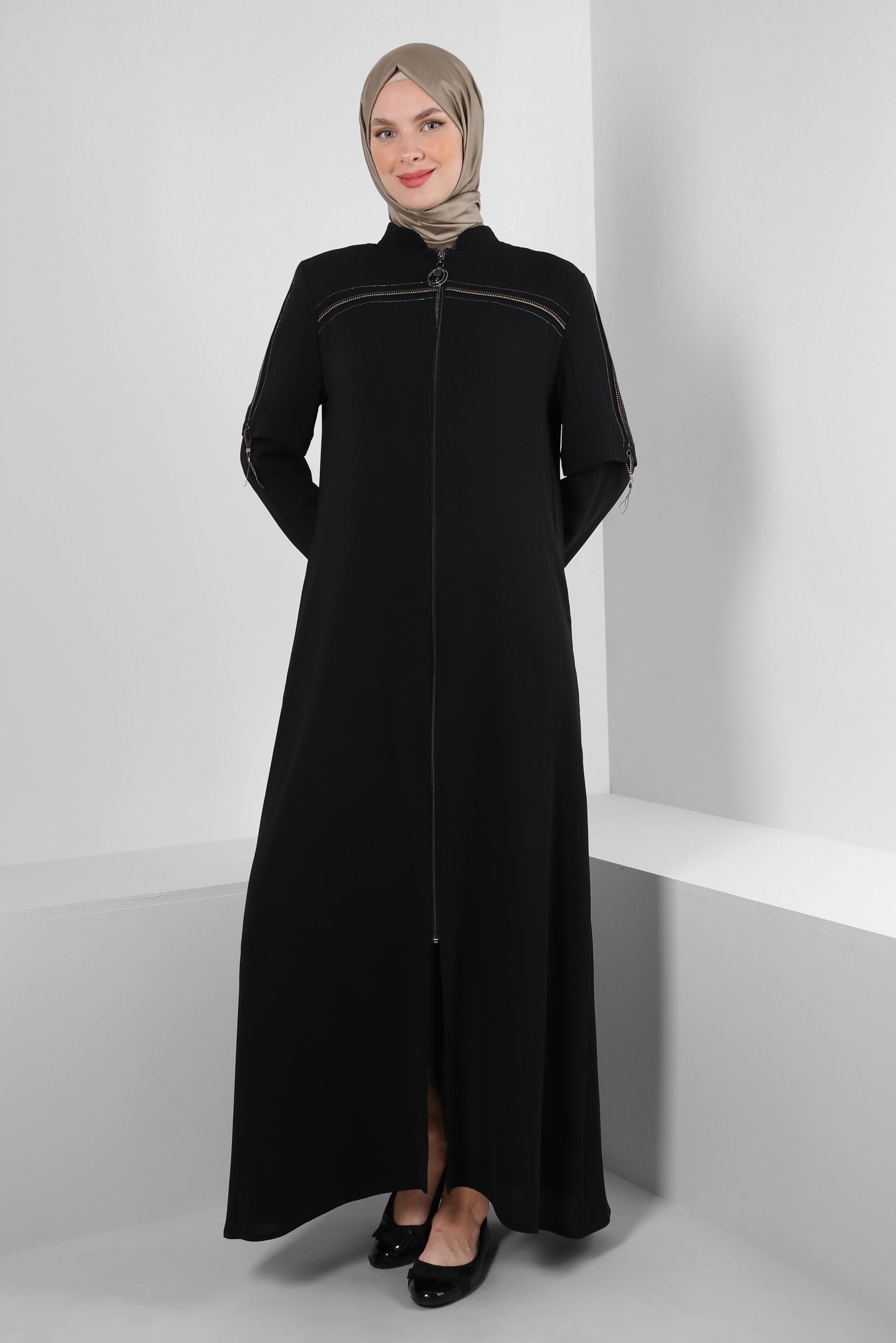 Vêtements hijab NOIR SURMANTEAU COL MANDARINE AVEC DÉTAIL FERMETURE ÉCLAIR 10742