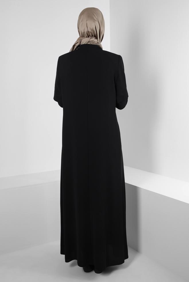 Tesettür giyim SİYAH FERMUAR DETAYLI HAKİM YAKA PARDESÜ 10742 - ALVİNA