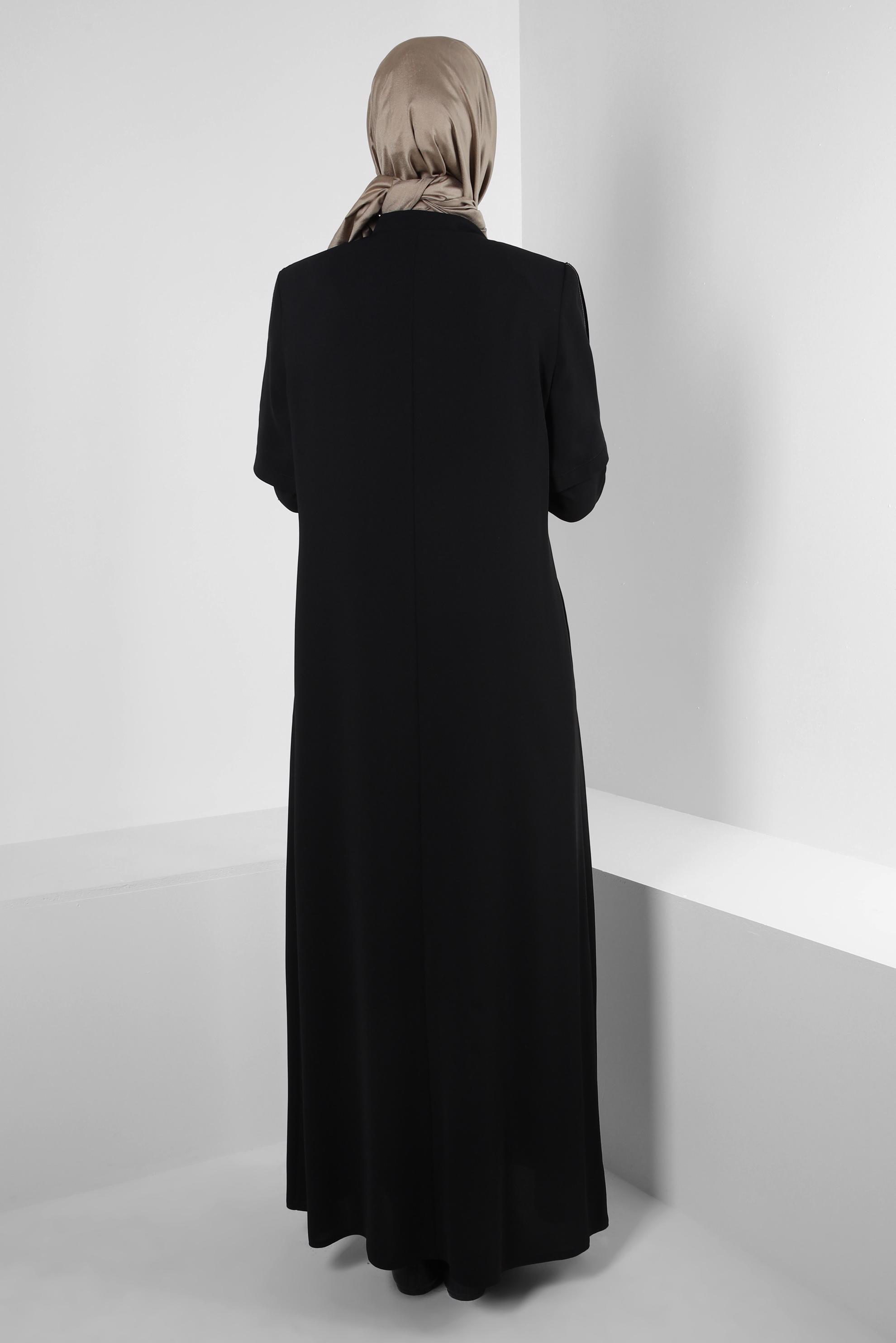 Vêtements hijab NOIR SURMANTEAU COL MANDARINE AVEC DÉTAIL FERMETURE ÉCLAIR 10742