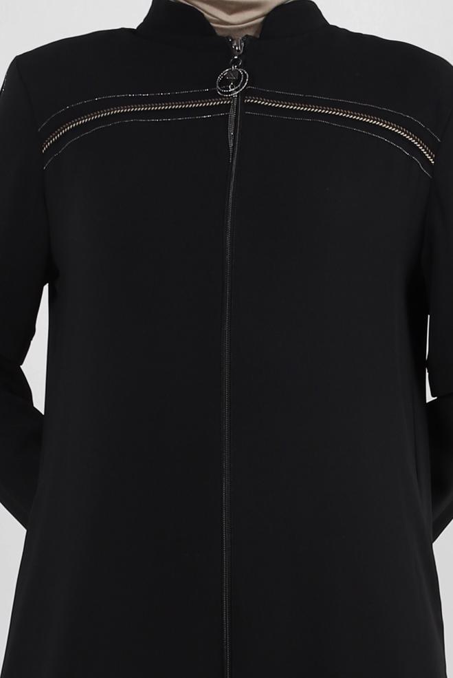 Tesettür giyim SİYAH FERMUAR DETAYLI HAKİM YAKA PARDESÜ 10742 - ALVİNA