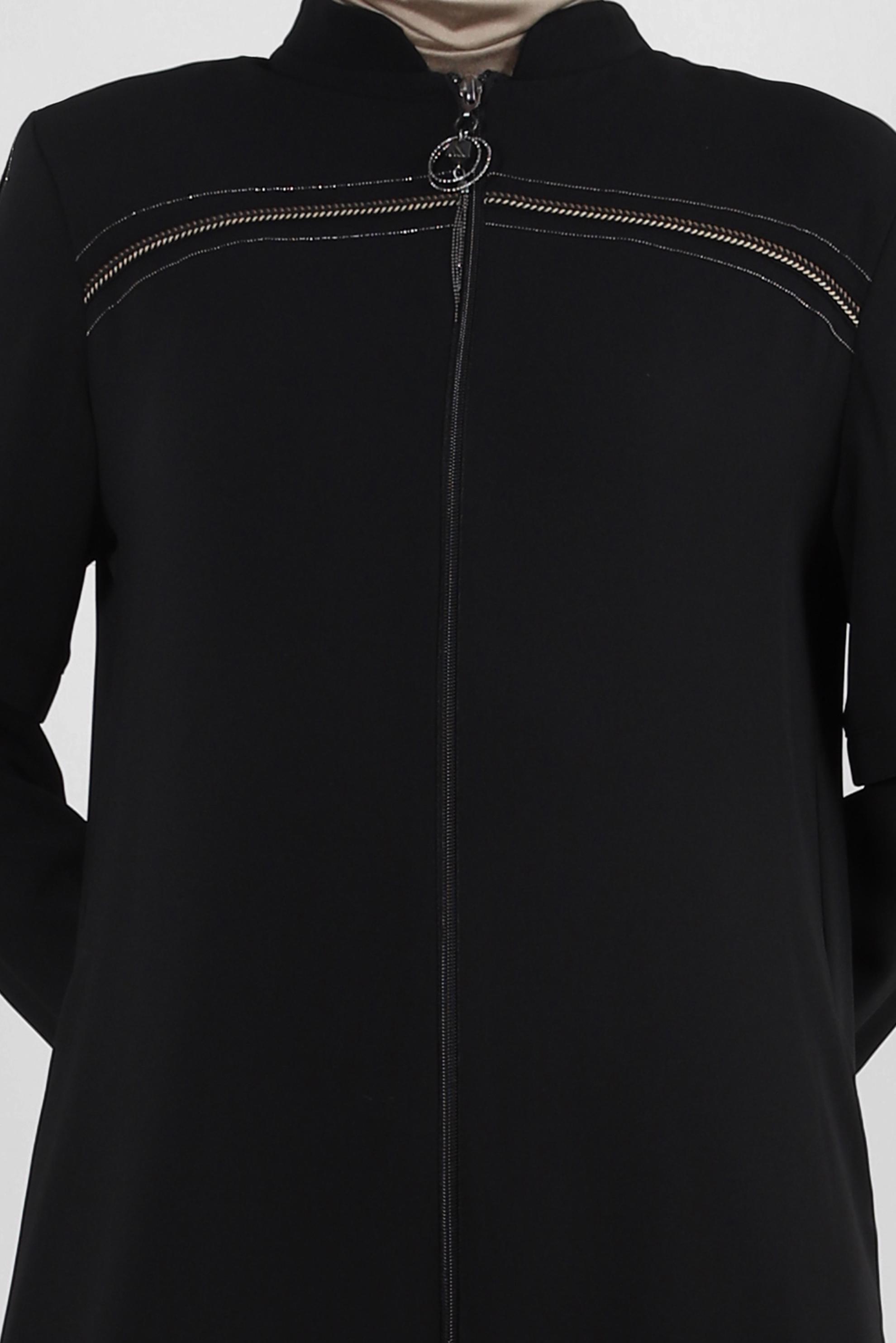 Vêtements hijab NOIR SURMANTEAU COL MANDARINE AVEC DÉTAIL FERMETURE ÉCLAIR 10742