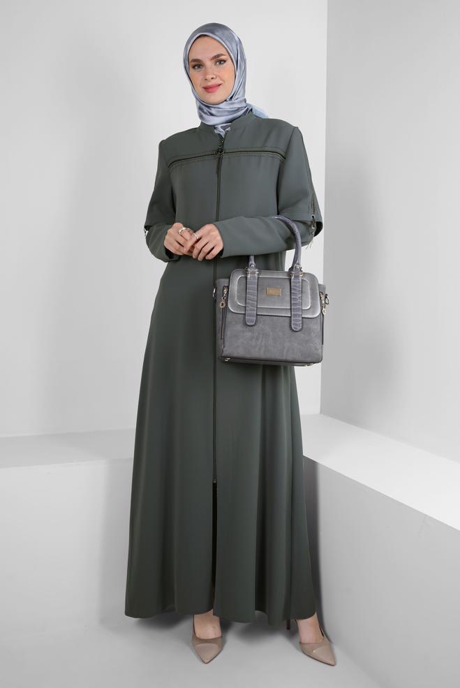 Vêtements hijab GRIS SURMANTEAU COL MANDARINE AVEC DÉTAIL FERMETURE ÉCLAIR 10742 - ALVİNA