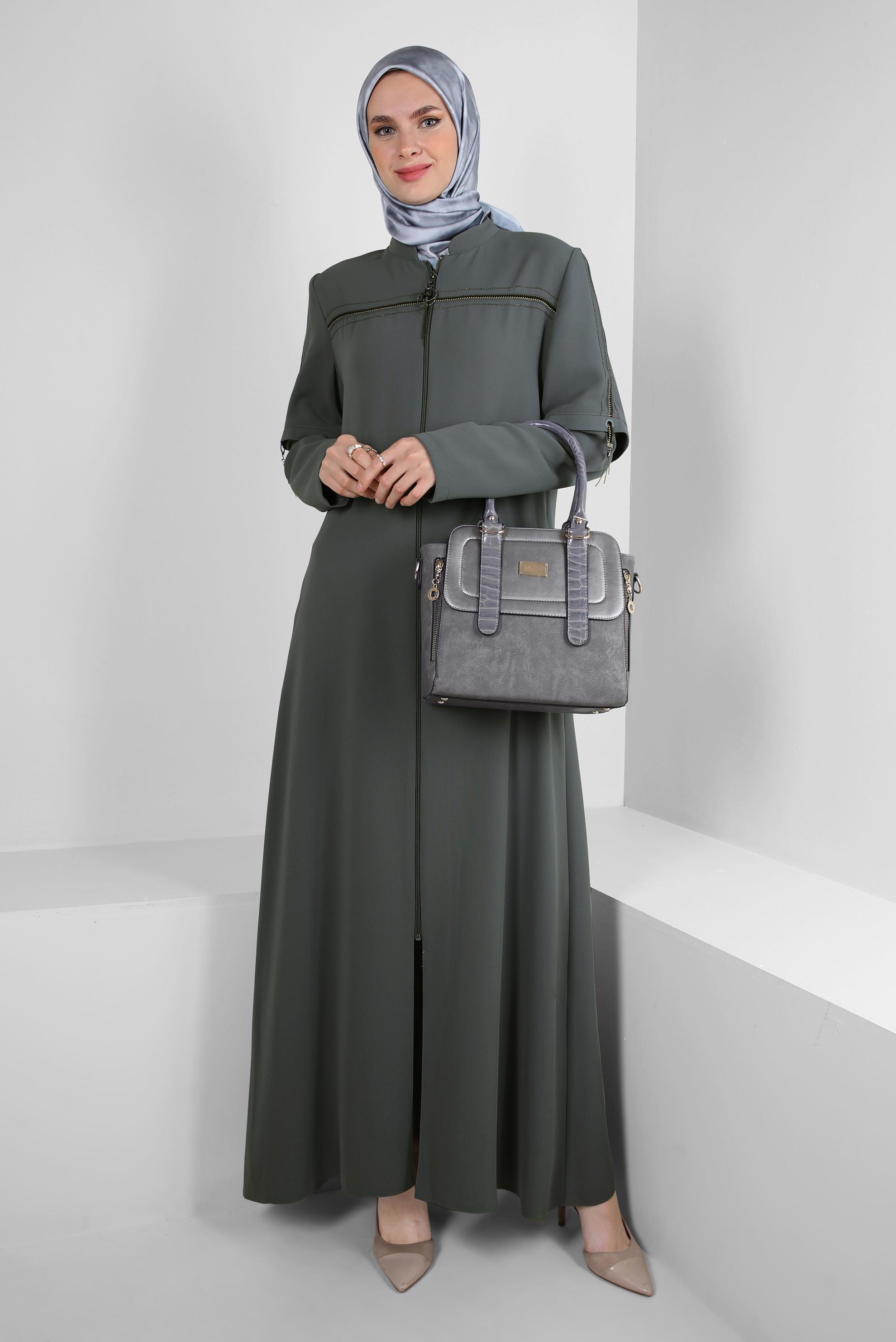 Tesettür giyim GRİ FERMUAR DETAYLI HAKİM YAKA PARDESÜ 10742