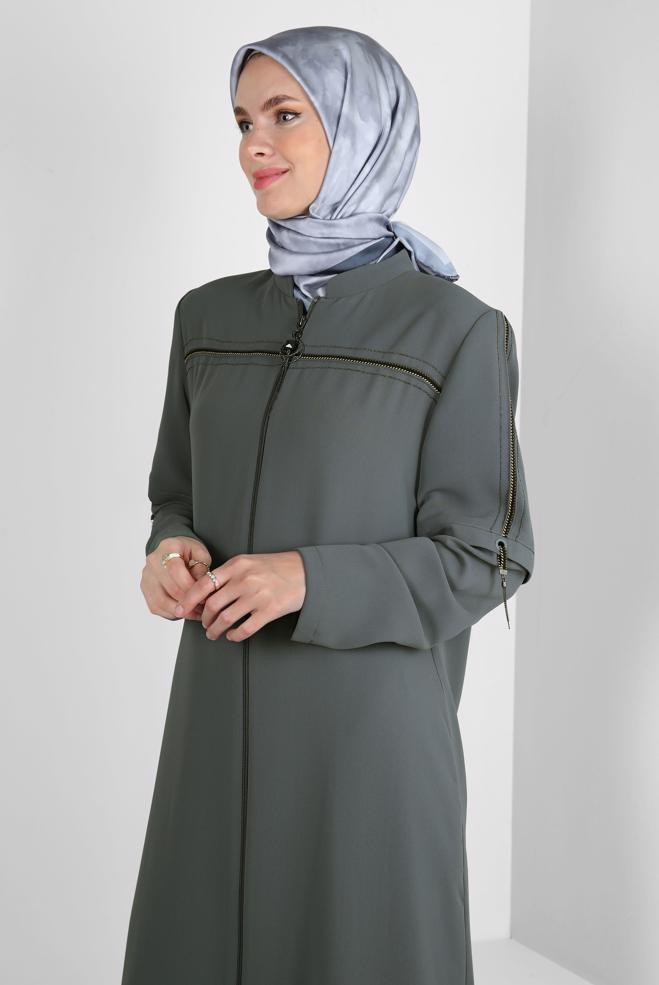 Vêtements hijab GRIS SURMANTEAU COL MANDARINE AVEC DÉTAIL FERMETURE ÉCLAIR 10742 - ALVİNA