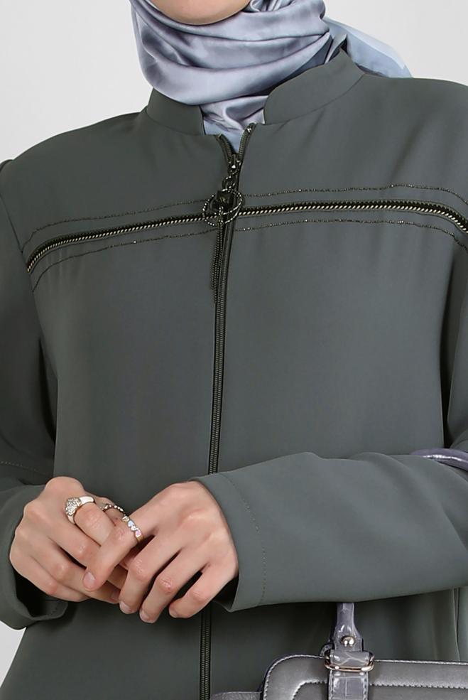 Vêtements hijab GRIS SURMANTEAU COL MANDARINE AVEC DÉTAIL FERMETURE ÉCLAIR 10742 - ALVİNA