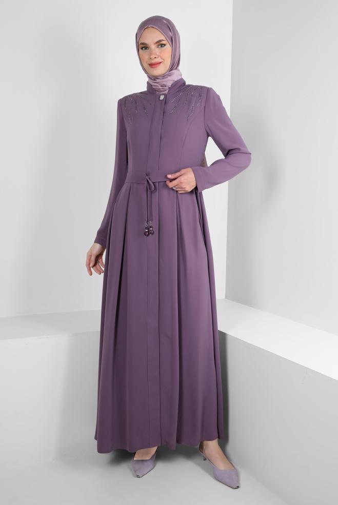 Vêtements hijab POURPRE SURMANTEAU PLISSÉ AVEC CEINTURE AVEC GEMME 10750 - ALVİNA