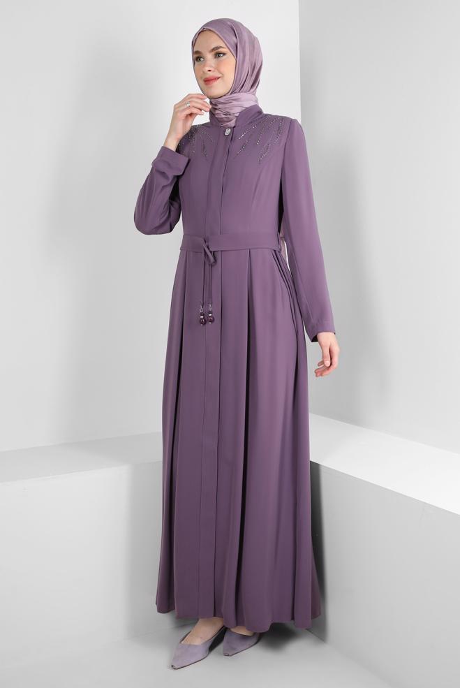 Vêtements hijab POURPRE SURMANTEAU PLISSÉ AVEC CEINTURE AVEC GEMME 10750 - ALVİNA