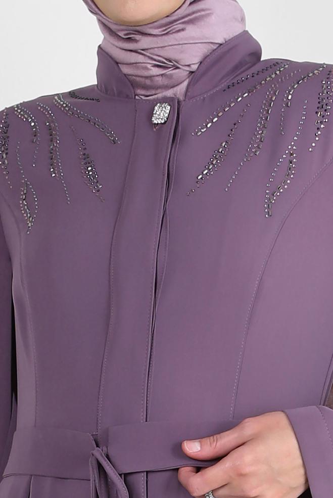 Vêtements hijab POURPRE SURMANTEAU PLISSÉ AVEC CEINTURE AVEC GEMME 10750 - ALVİNA