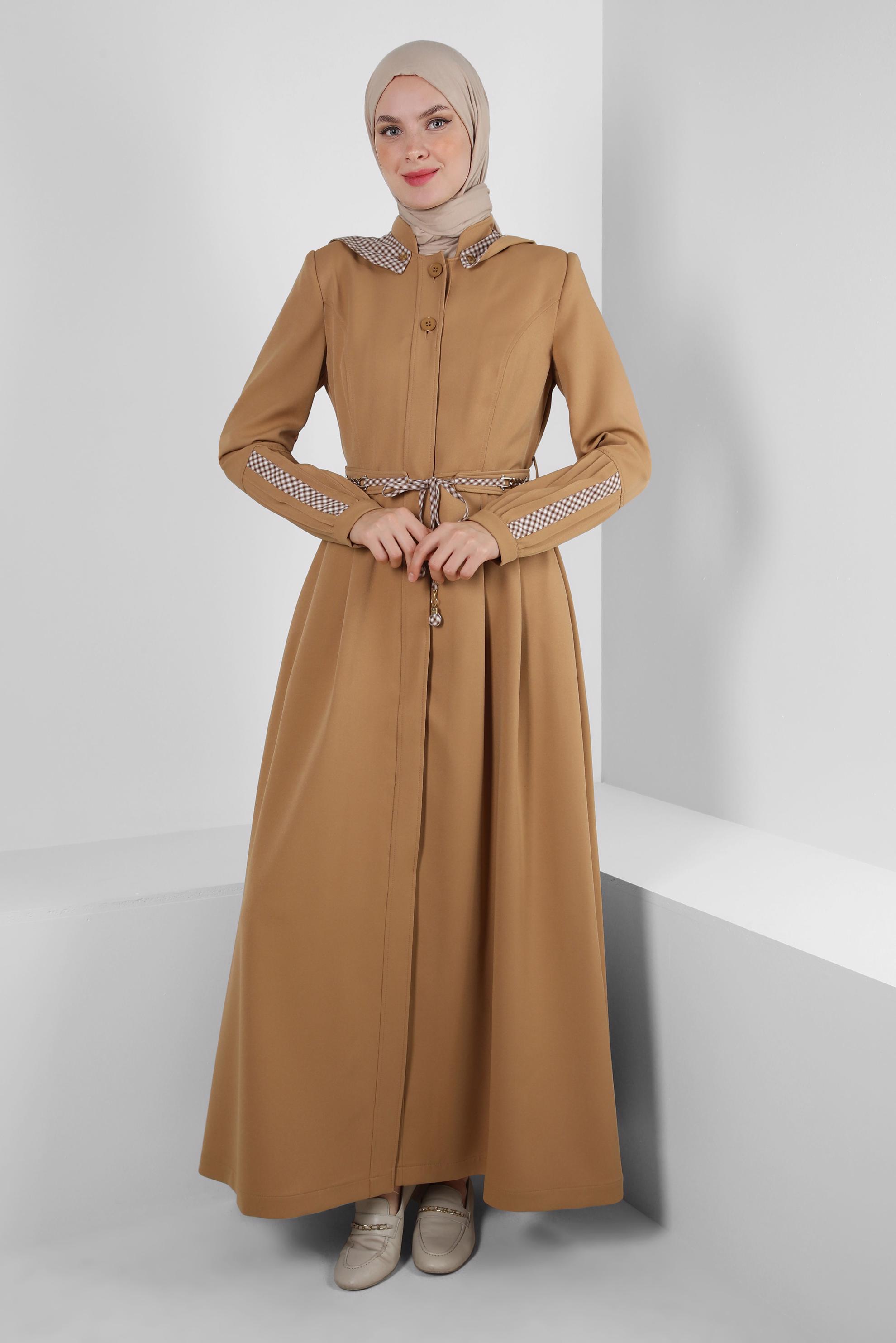 Vêtements hijab BRUN PARDESSUS CEINTURÉ À CAPUCHE AMOVIBLE 10759