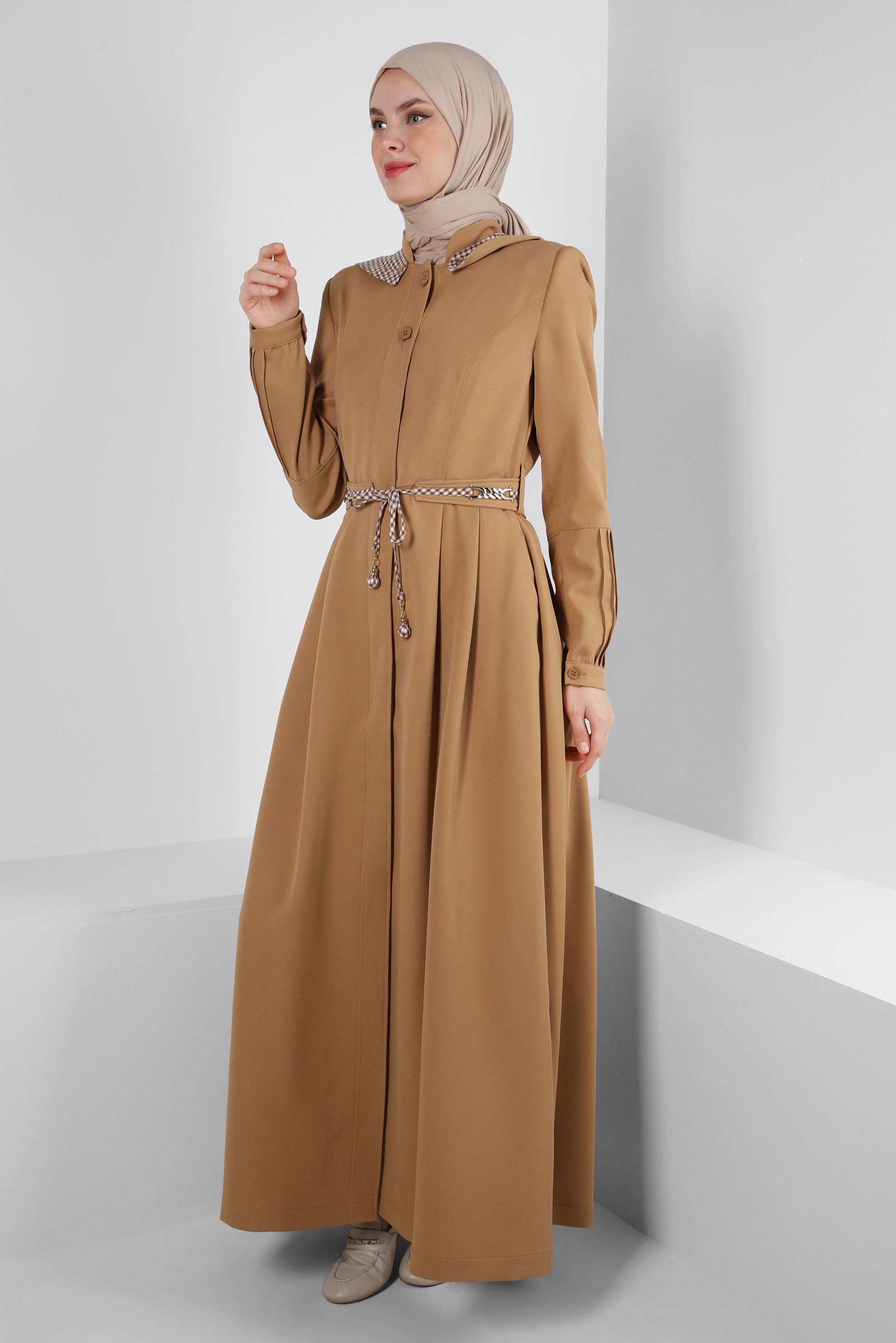 Vêtements hijab BRUN PARDESSUS CEINTURÉ À CAPUCHE AMOVIBLE 10759