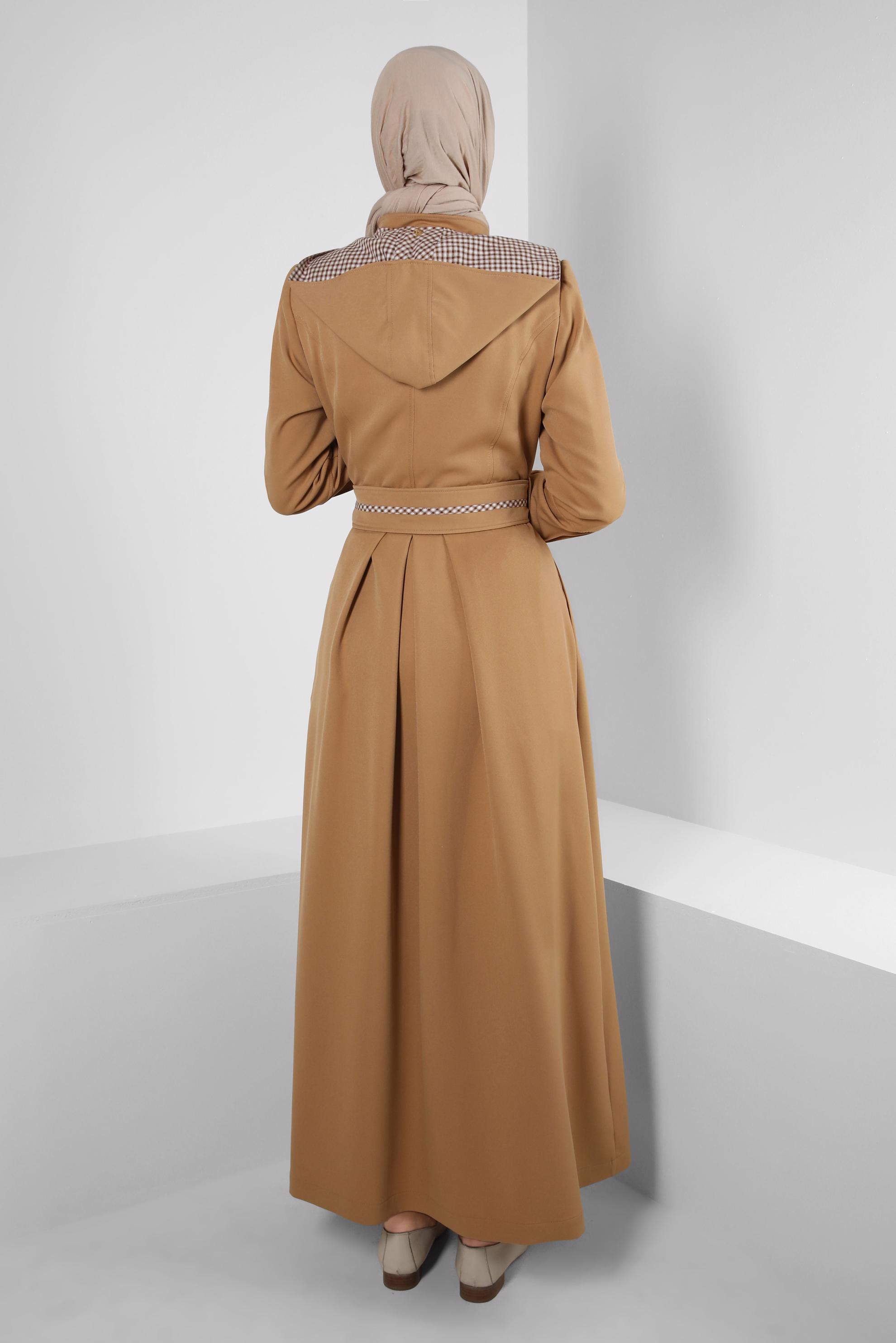 Vêtements hijab BRUN PARDESSUS CEINTURÉ À CAPUCHE AMOVIBLE 10759