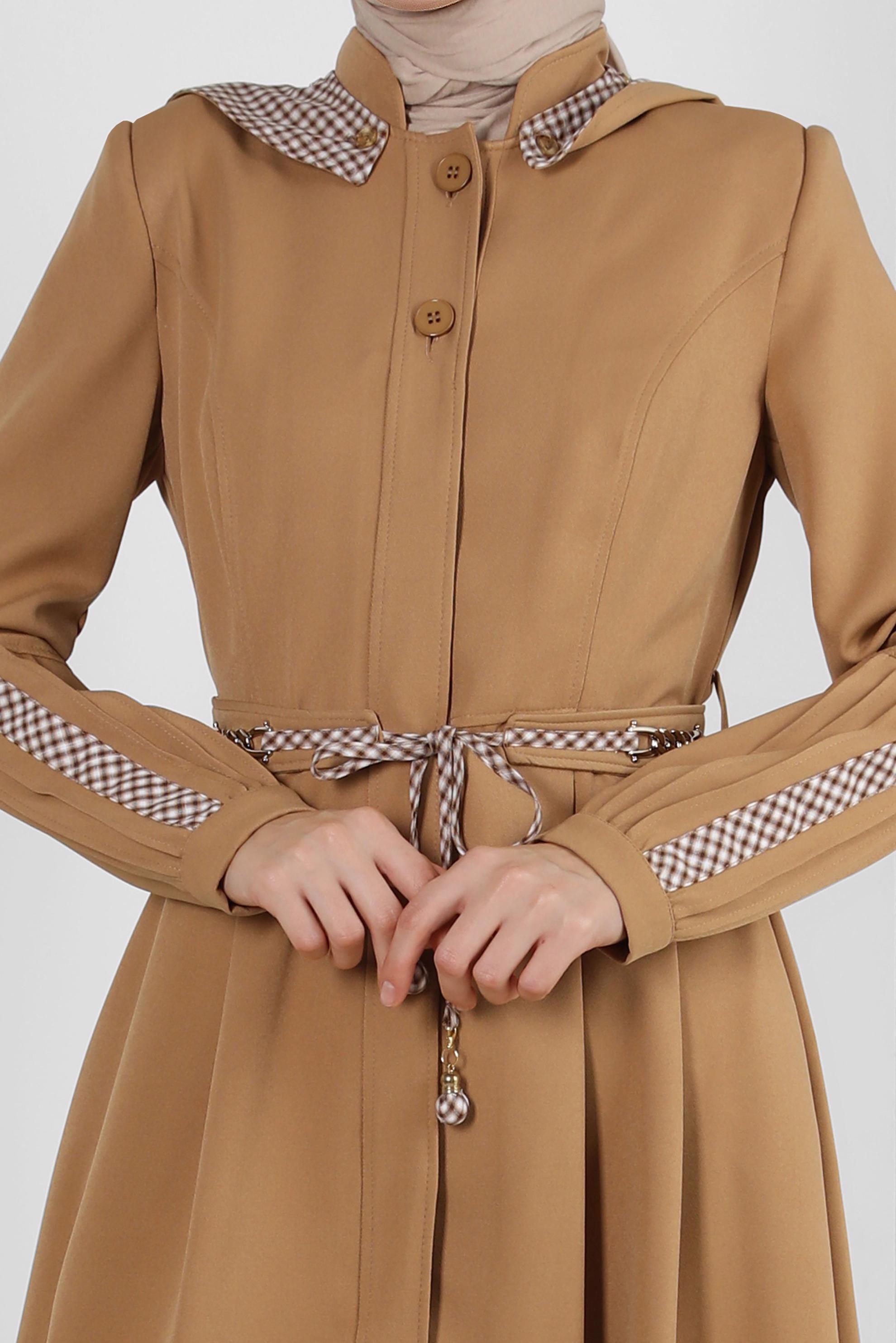 Vêtements hijab BRUN PARDESSUS CEINTURÉ À CAPUCHE AMOVIBLE 10759