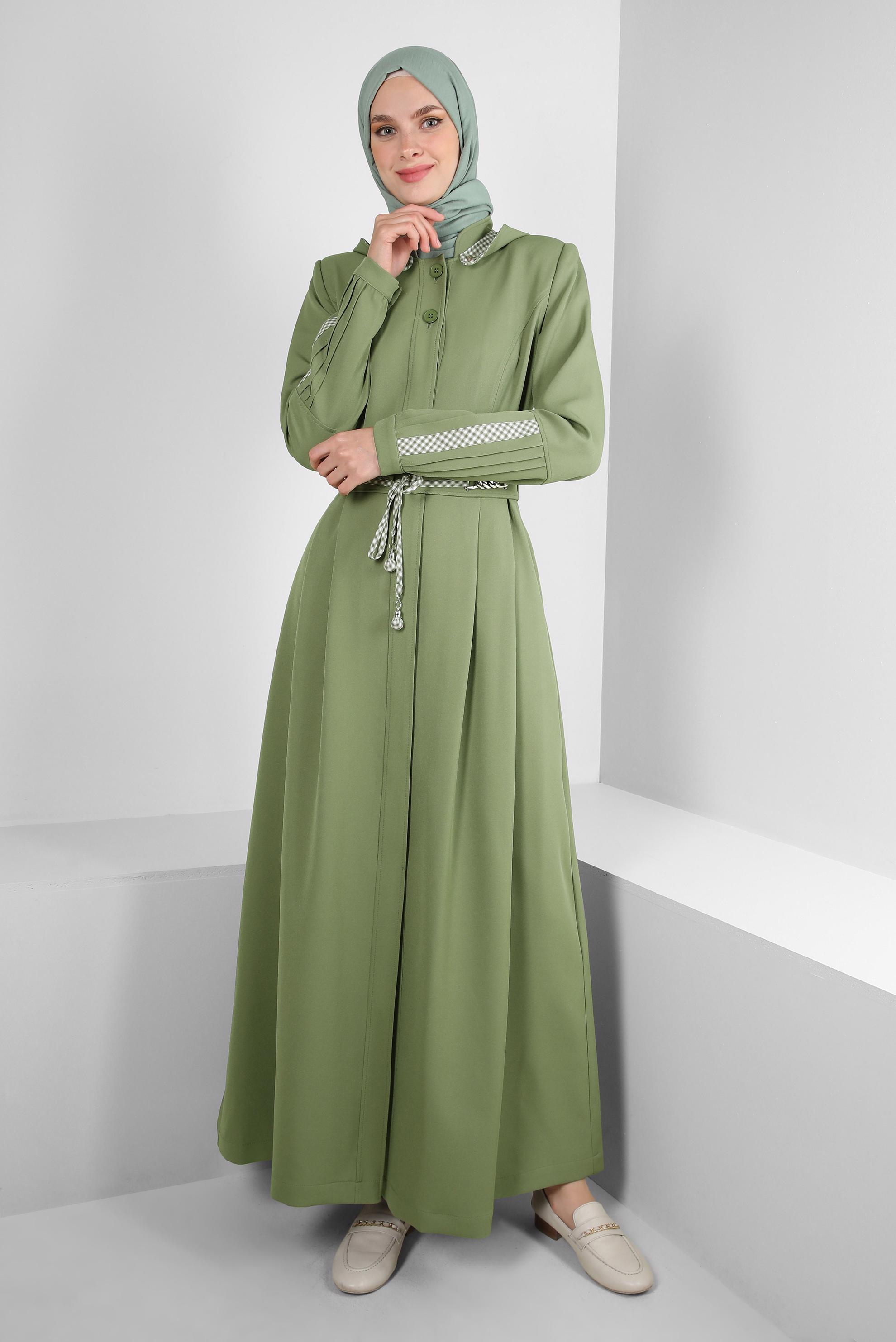 Vêtements hijab VERT PARDESSUS CEINTURÉ À CAPUCHE AMOVIBLE 10759