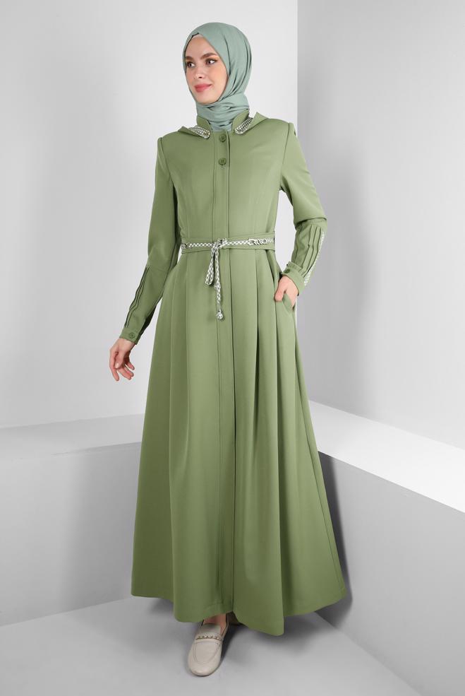 Tesettür giyim YEŞİL ÇIKARILABİLİR KAPÜŞONLU KEMERLİ PARDESÜ 10759 - ALVİNA
