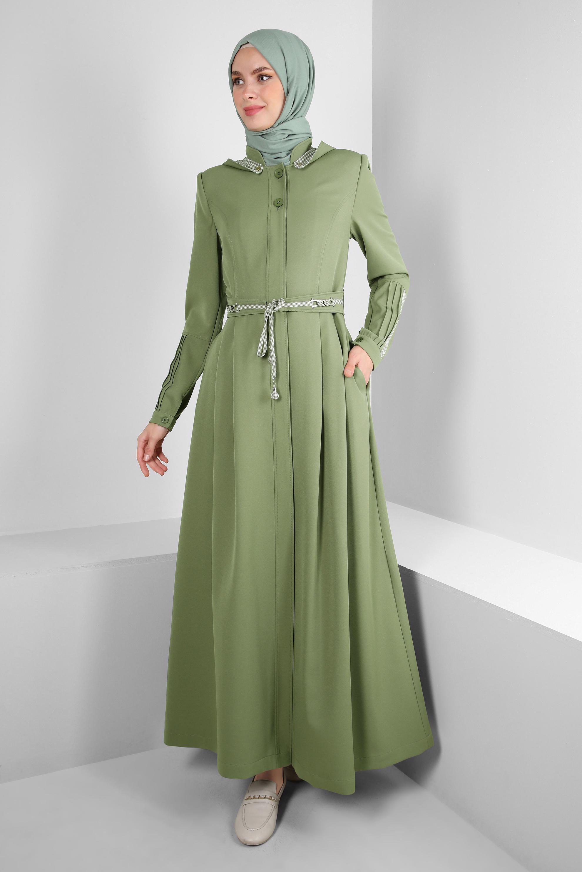 Vêtements hijab VERT PARDESSUS CEINTURÉ À CAPUCHE AMOVIBLE 10759