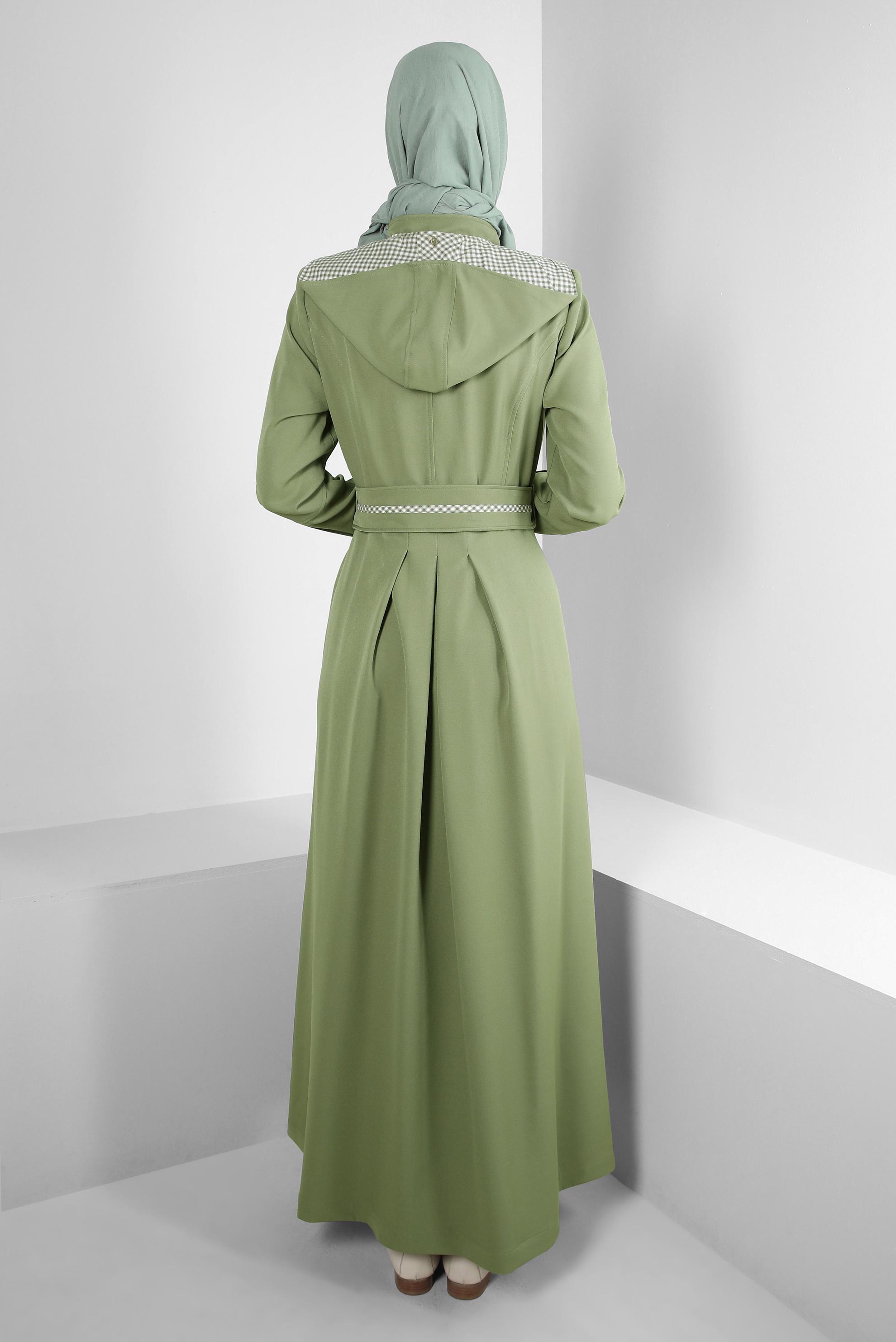 Vêtements hijab VERT PARDESSUS CEINTURÉ À CAPUCHE AMOVIBLE 10759