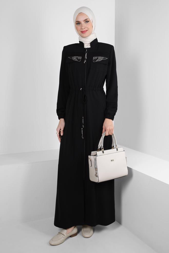 Vêtements hijab NOIR MANTEAU DE FINITION TAILLE SMOCK AVEC DÉTAIL GEM 10761 - ALVİNA