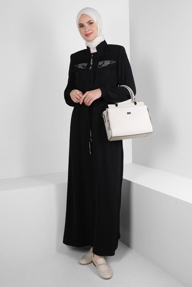 Vêtements hijab NOIR MANTEAU DE FINITION TAILLE SMOCK AVEC DÉTAIL GEM 10761 - ALVİNA