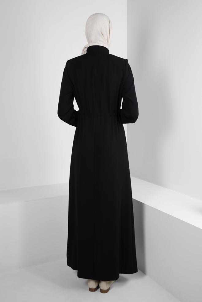 Vêtements hijab NOIR MANTEAU DE FINITION TAILLE SMOCK AVEC DÉTAIL GEM 10761 - ALVİNA