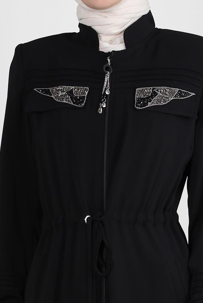 Vêtements hijab NOIR MANTEAU DE FINITION TAILLE SMOCK AVEC DÉTAIL GEM 10761 - ALVİNA