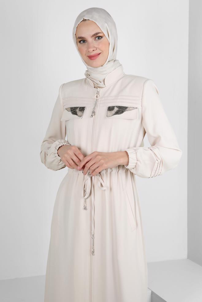 Vêtements hijab BEIGE MANTEAU DE FINITION TAILLE SMOCK AVEC DÉTAIL GEM 10761 - ALVİNA