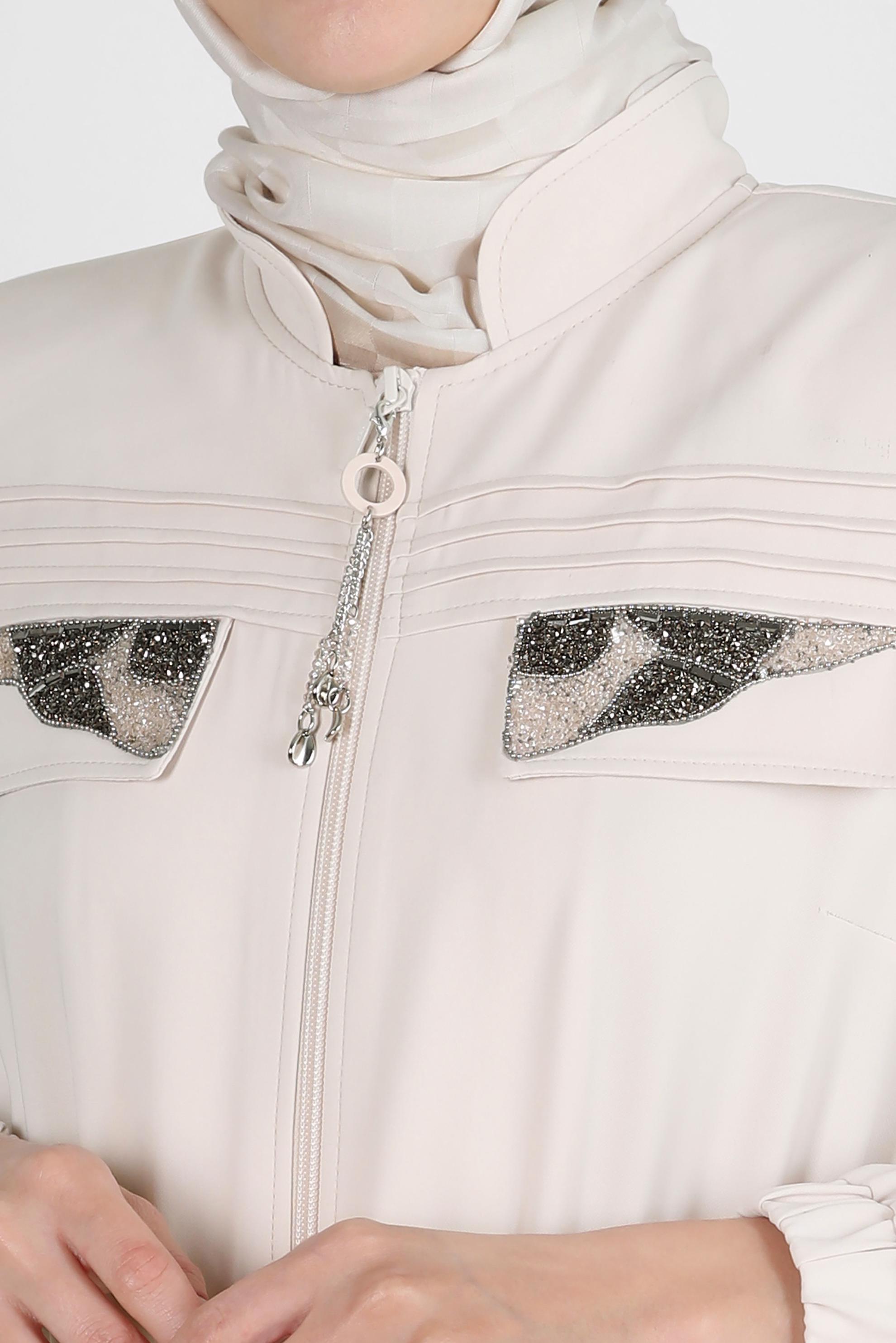 Hijab clothing BEIGE SMOCKING WAIST TOPCOAT WITH GEM DETAIL 10761