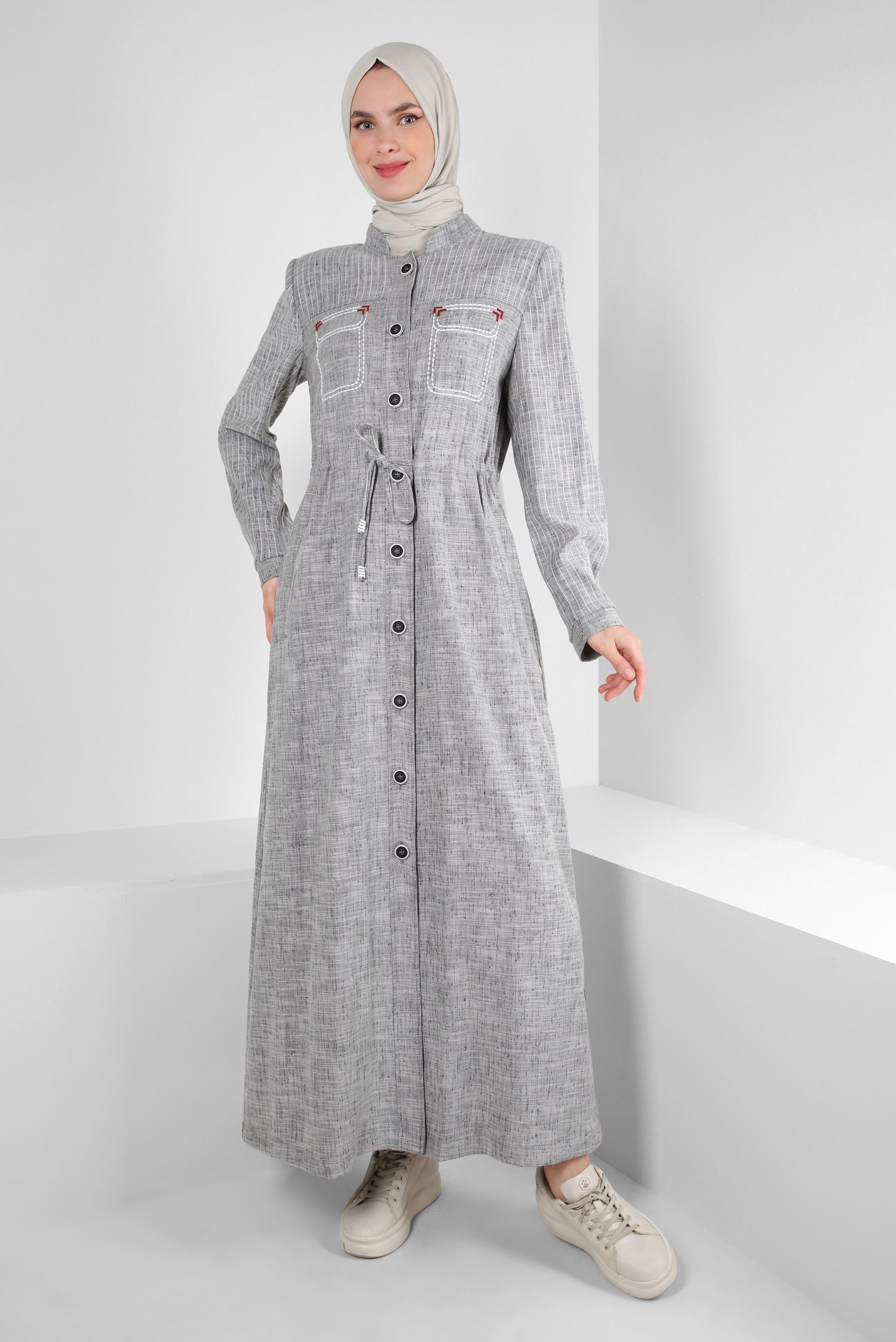 Hijab clothing BLACK SMOCKING WAIST OVERCOAT WITH BUTTONS 10766