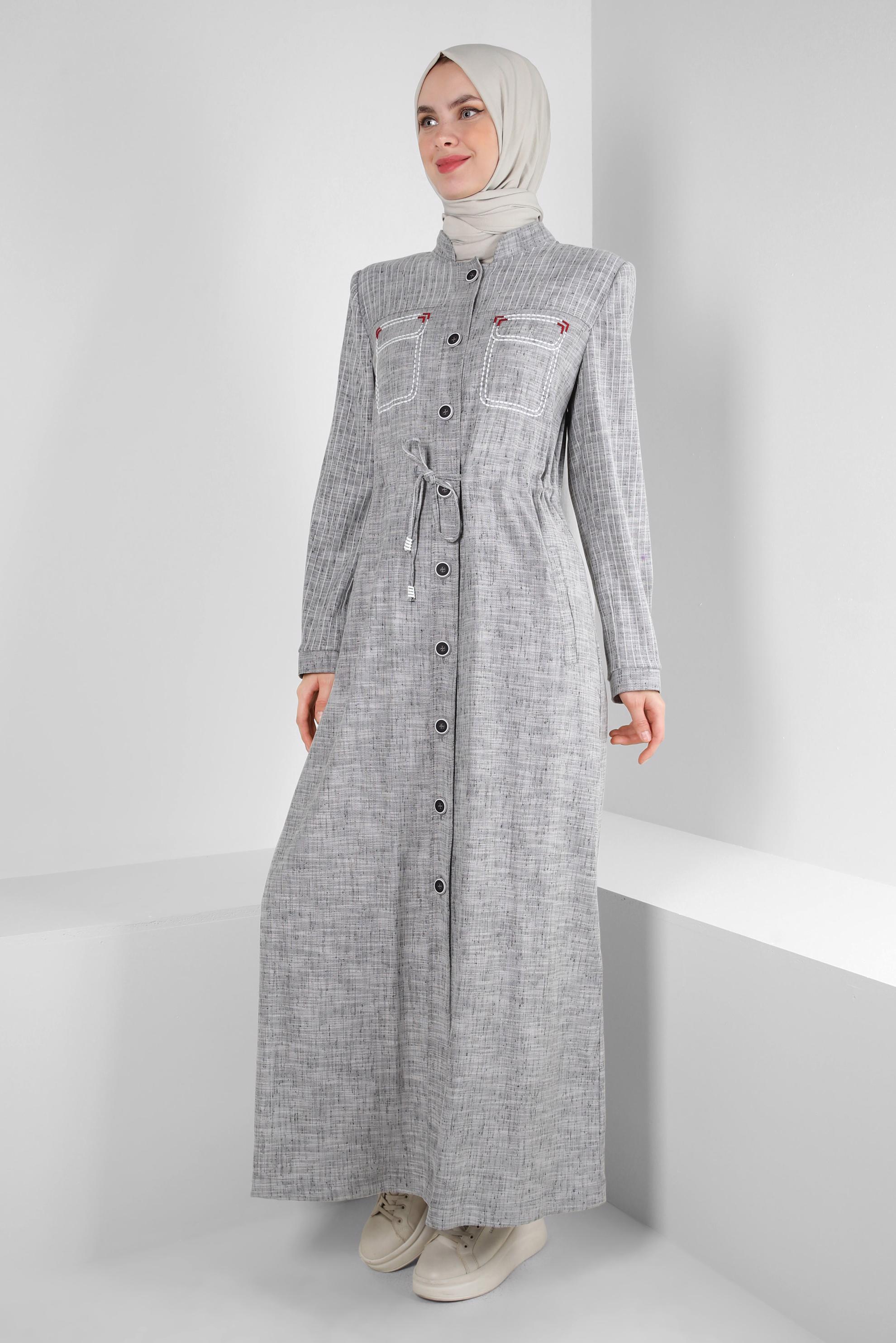 Hijab clothing BLACK SMOCKING WAIST OVERCOAT WITH BUTTONS 10766