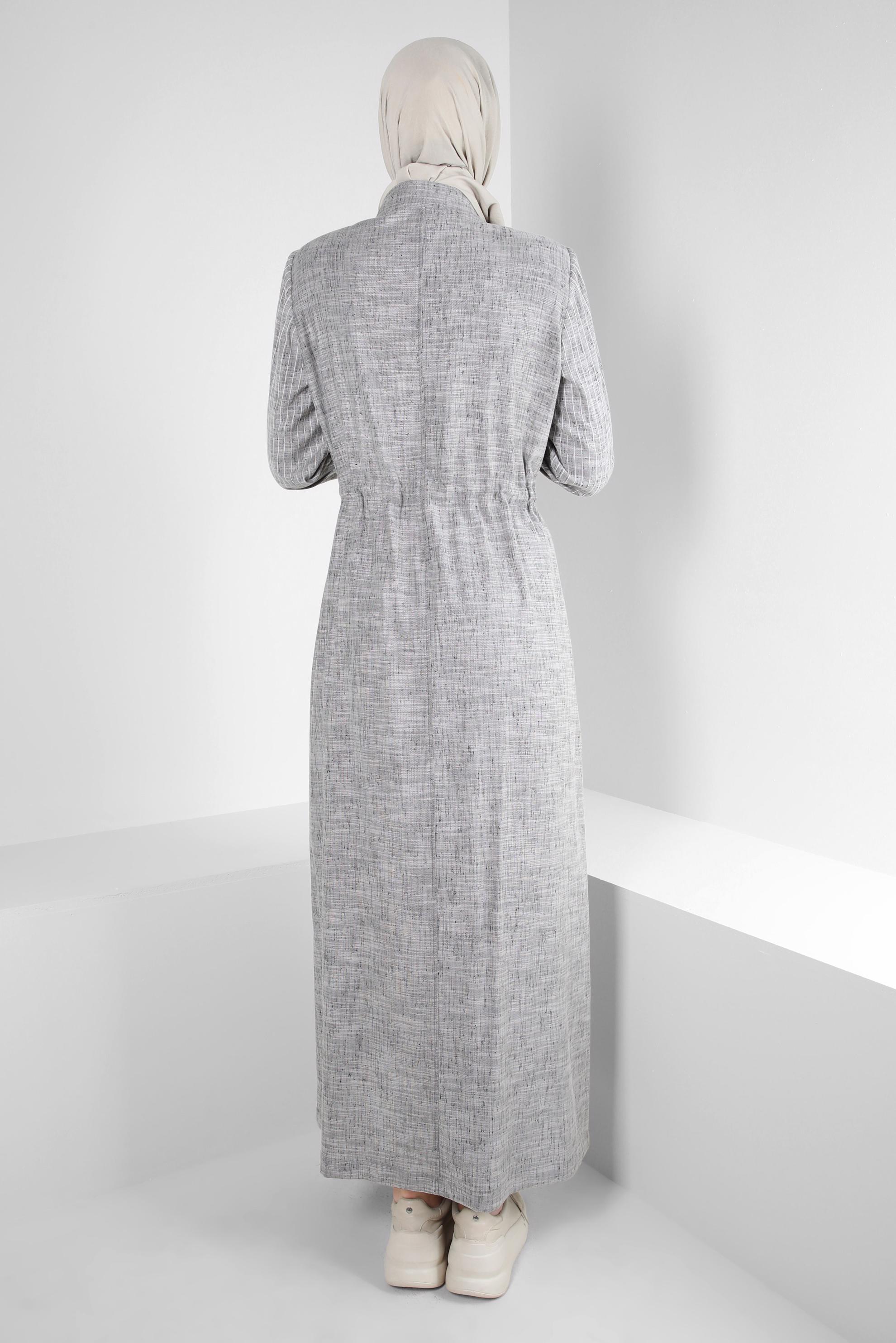 Hijab clothing BLACK SMOCKING WAIST OVERCOAT WITH BUTTONS 10766