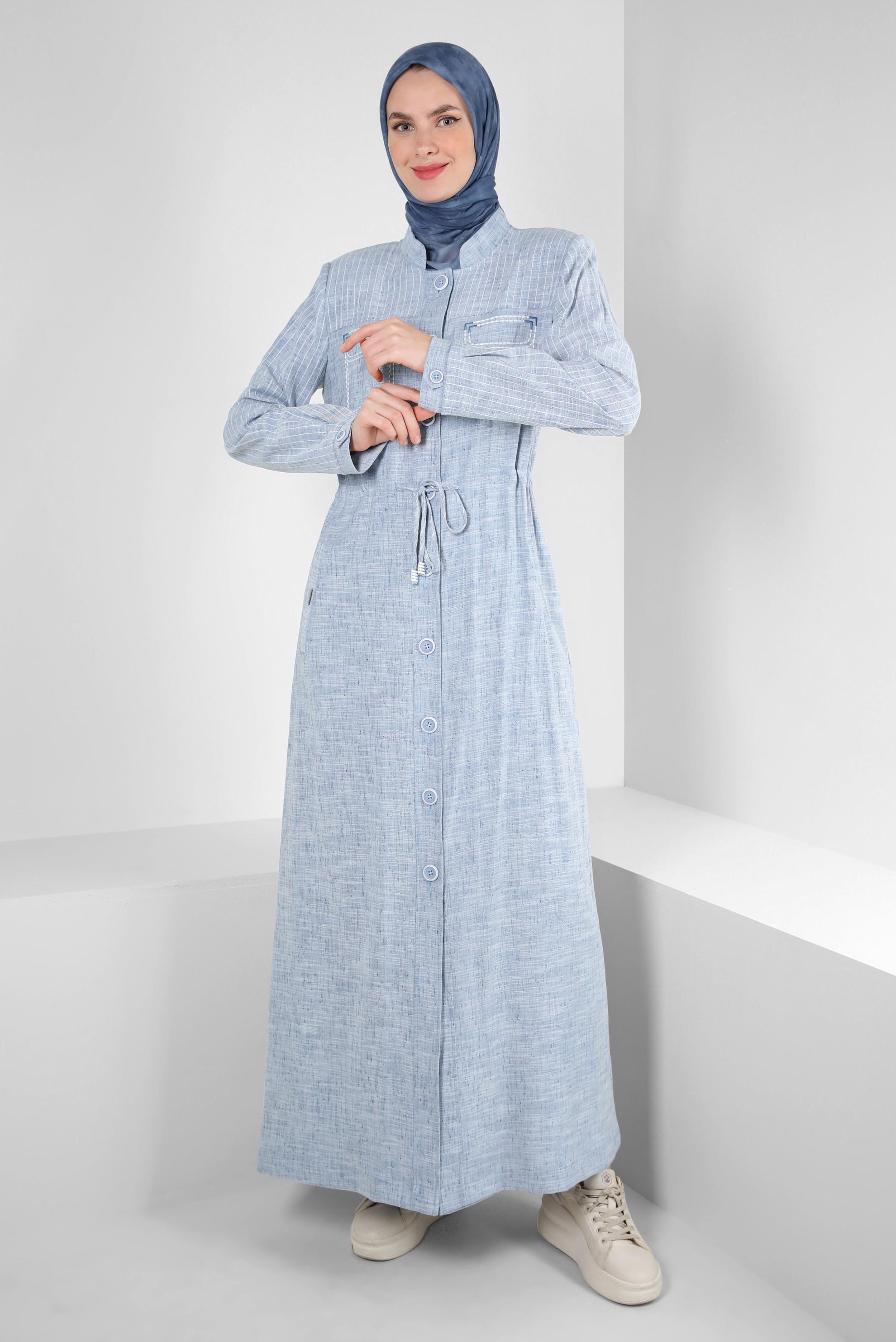 Vêtements hijab BLEU MARINE MANTEAU TAILLE SMOCK AVEC BOUTONS 10766