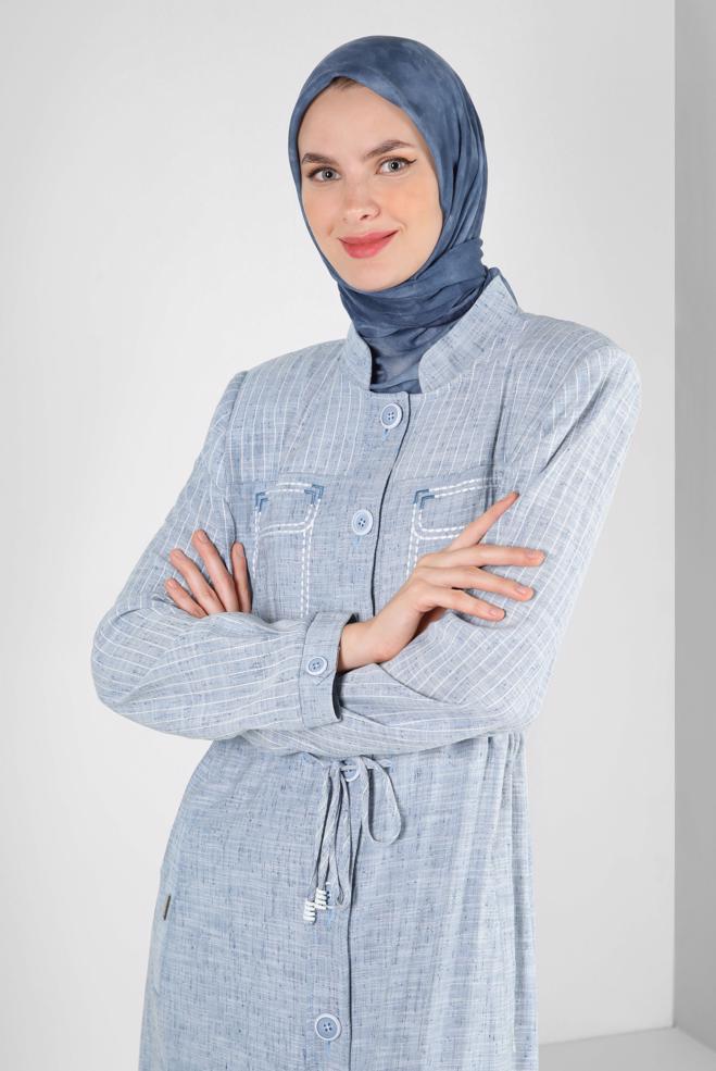 Tesettür giyim LACİVERT BELİ BÜZGÜLÜ DÜĞMELİ PARDESÜ 10766 - ALVİNA