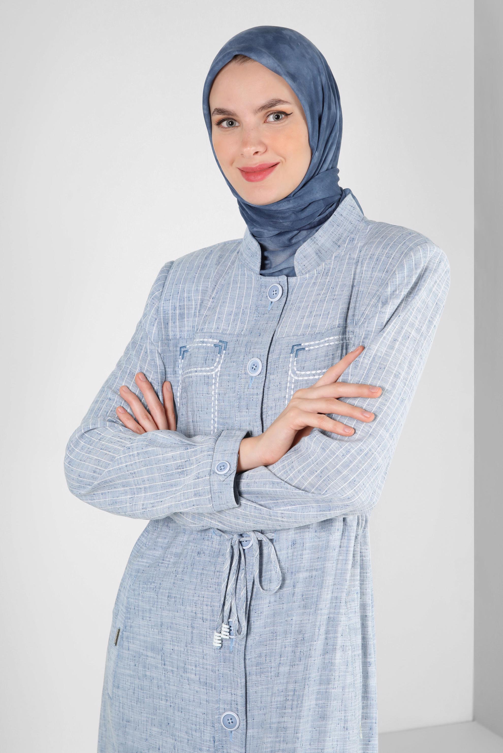 Vêtements hijab BLEU MARINE MANTEAU TAILLE SMOCK AVEC BOUTONS 10766