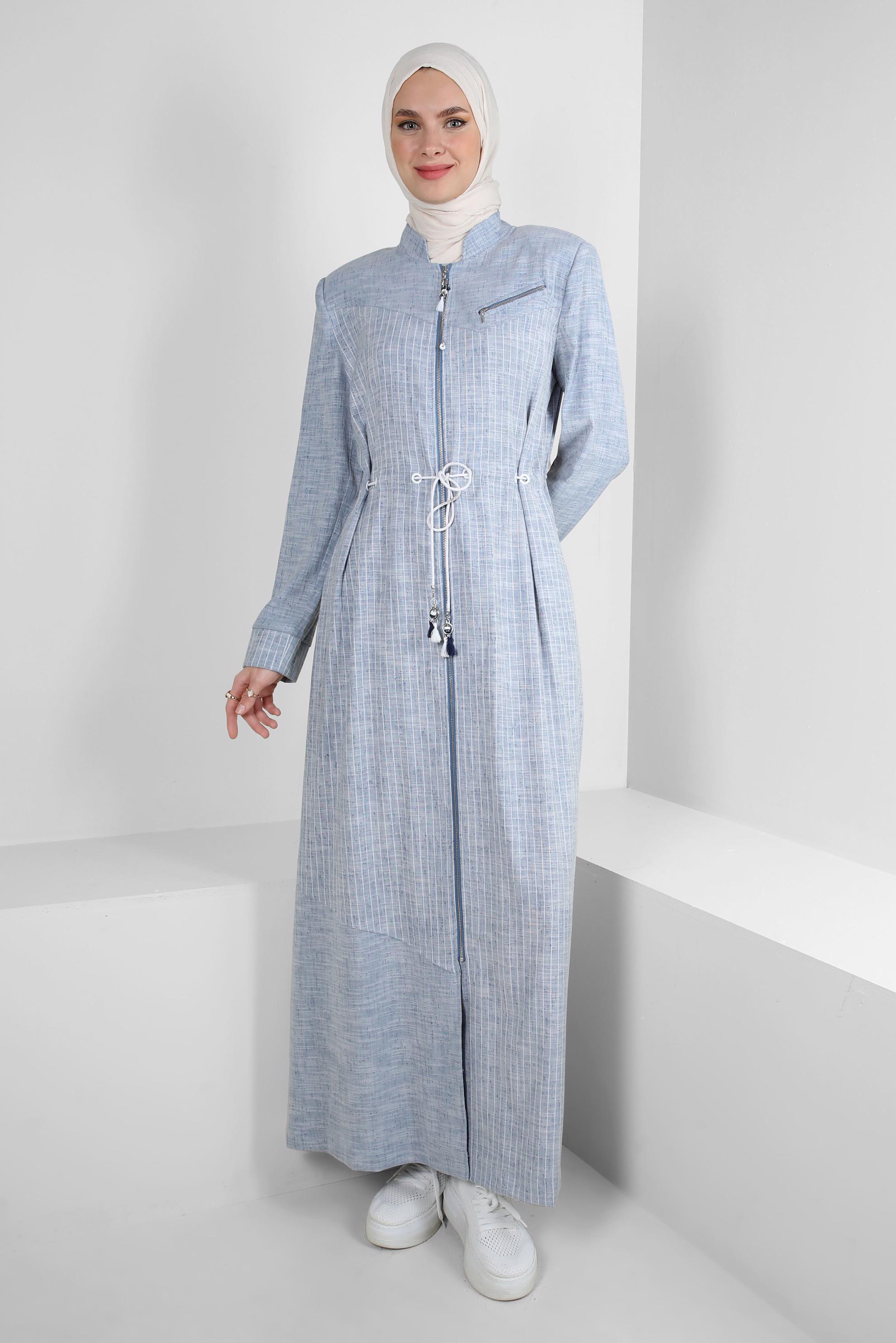 Tesettür giyim LACİVERT ÇİZGİLİ BELİ İP DETAYLI PARDESÜ 10768