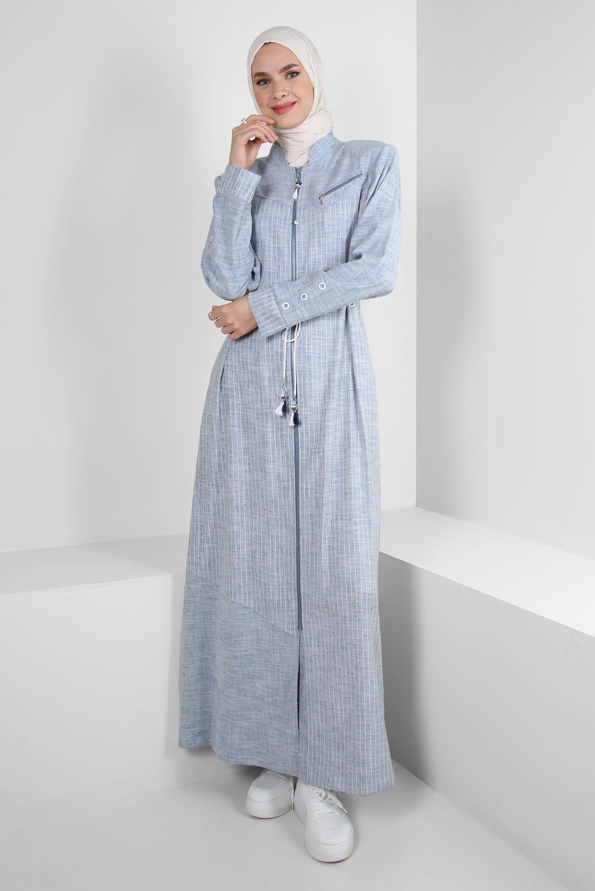 Tesettür giyim LACİVERT ÇİZGİLİ BELİ İP DETAYLI PARDESÜ 10768