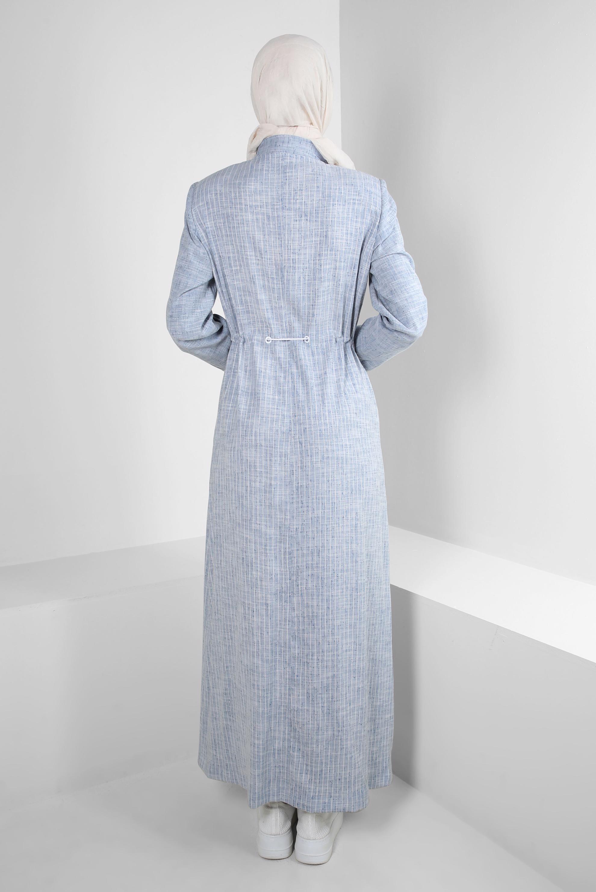 Tesettür giyim LACİVERT ÇİZGİLİ BELİ İP DETAYLI PARDESÜ 10768