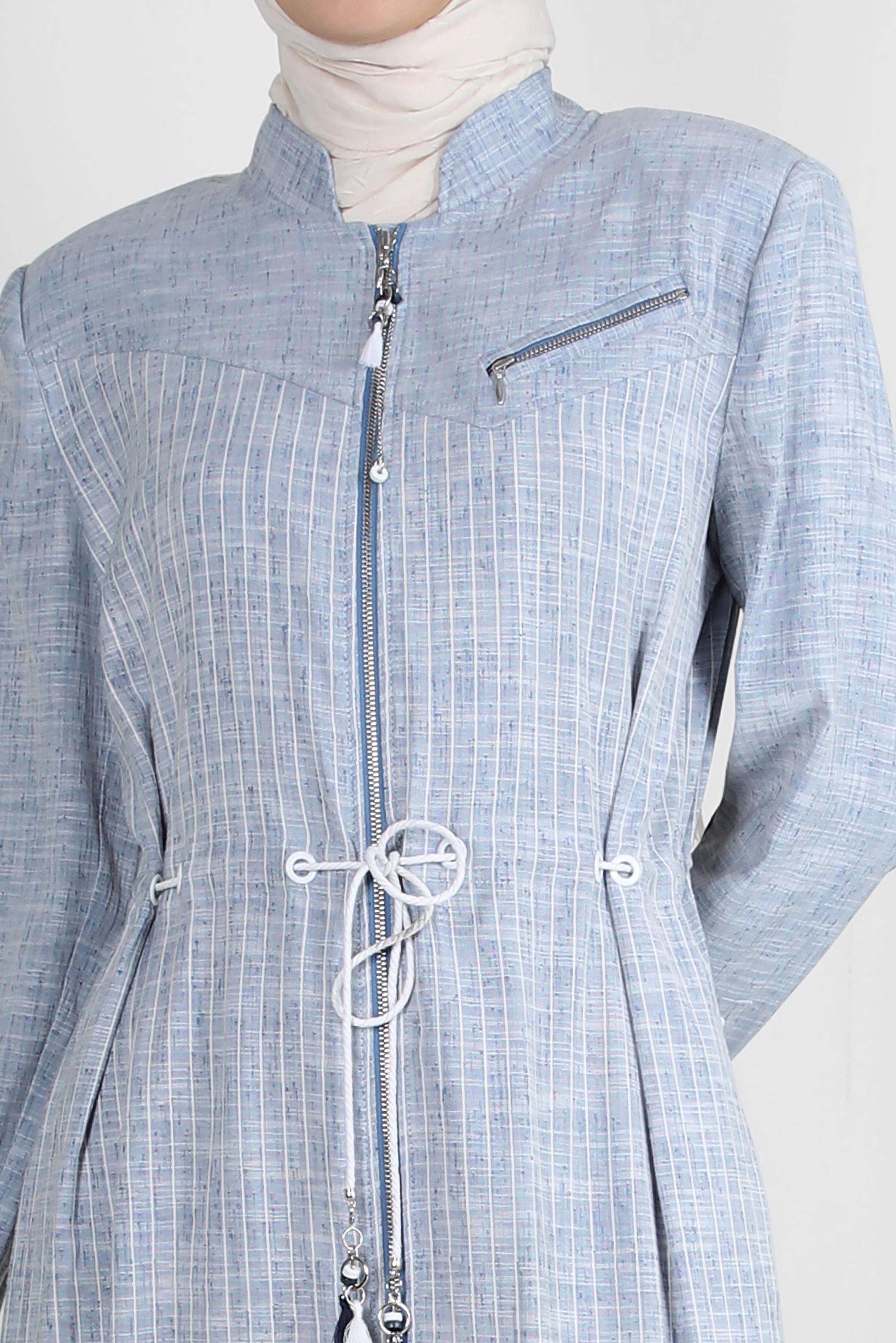 Tesettür giyim LACİVERT ÇİZGİLİ BELİ İP DETAYLI PARDESÜ 10768