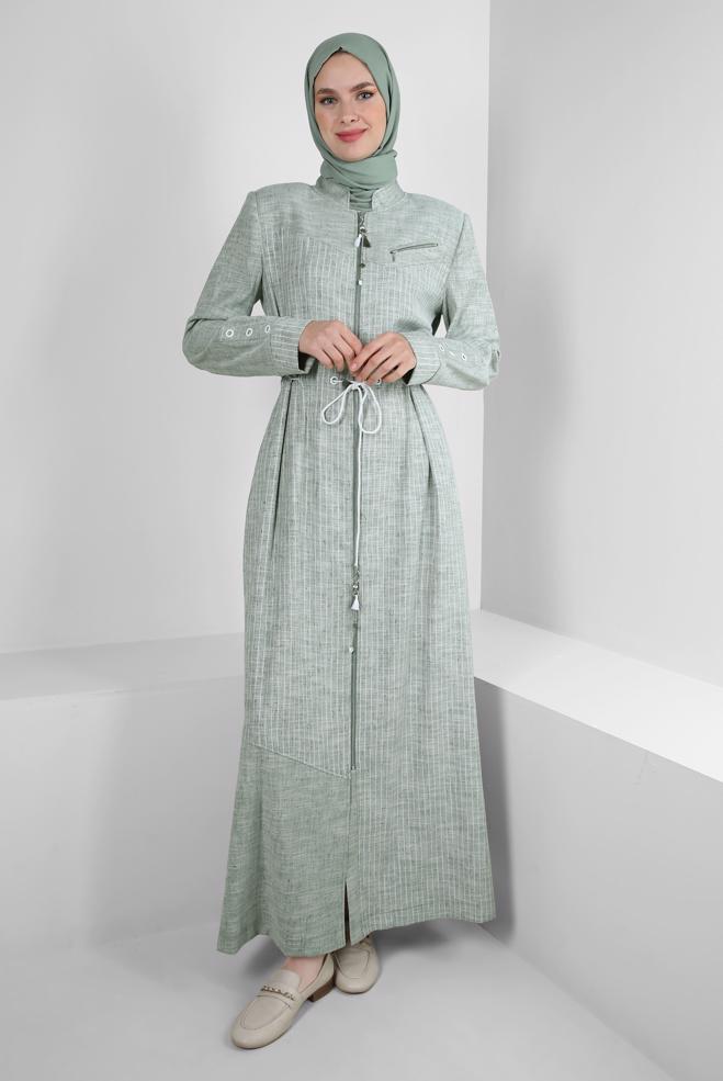 Vêtements hijab VERT SURMANTEAU À RAYURES AVEC NŒUD 10768 - ALVİNA