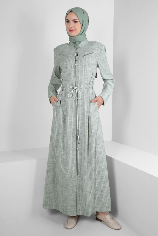 Vêtements hijab VERT SURMANTEAU À RAYURES AVEC NŒUD 10768 - ALVİNA