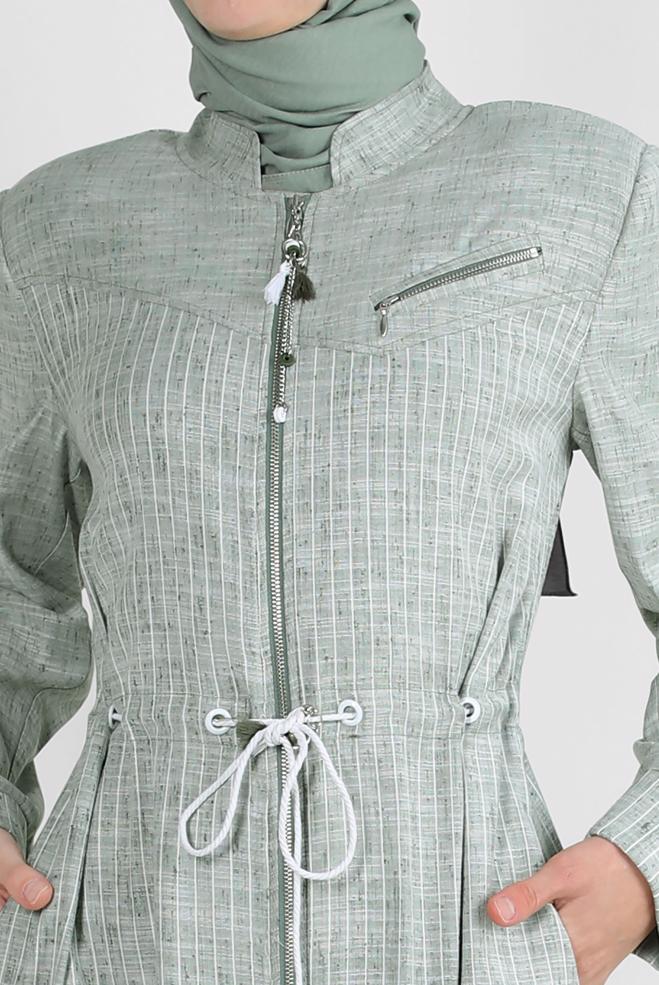 Vêtements hijab VERT SURMANTEAU À RAYURES AVEC NŒUD 10768 - ALVİNA